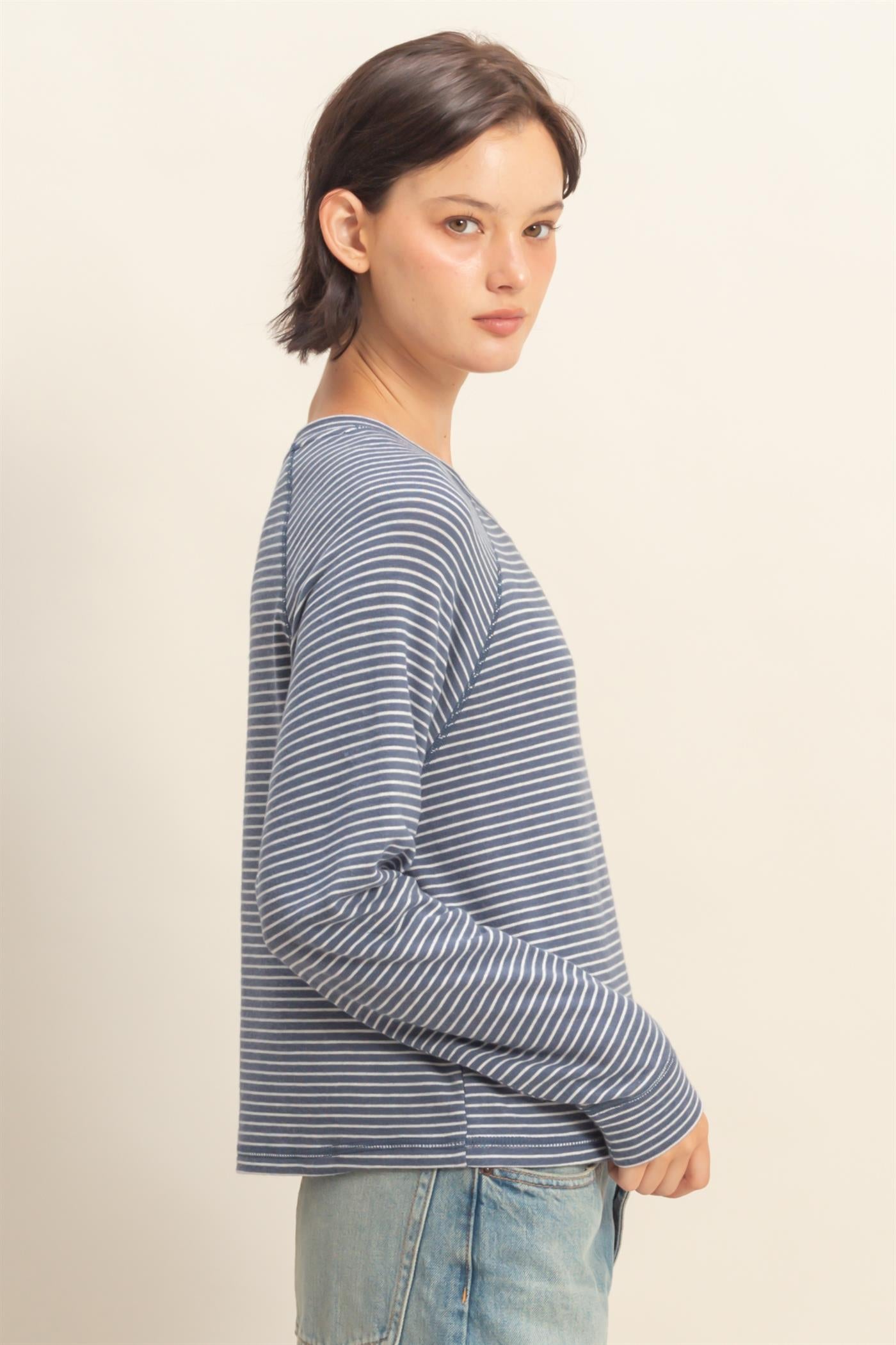 Wholesale Striped Raglan Long Sleeve Top Clothing Tops DZ25E600 DUSTY NAVY/CREAM DOUBLE ZERO