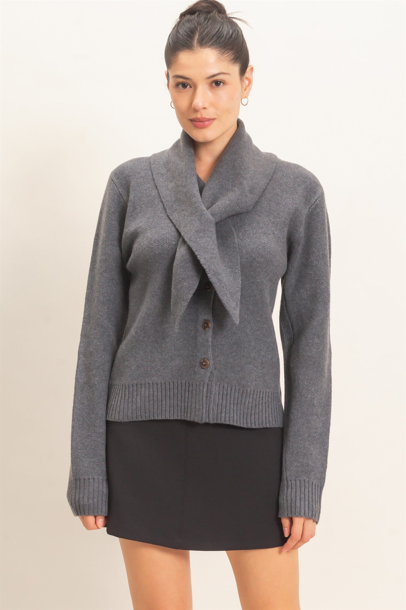 Wholesale Attached Scarf Button-Front Cardigan Cardigans HF26E870 CHARCOAL HYFVE