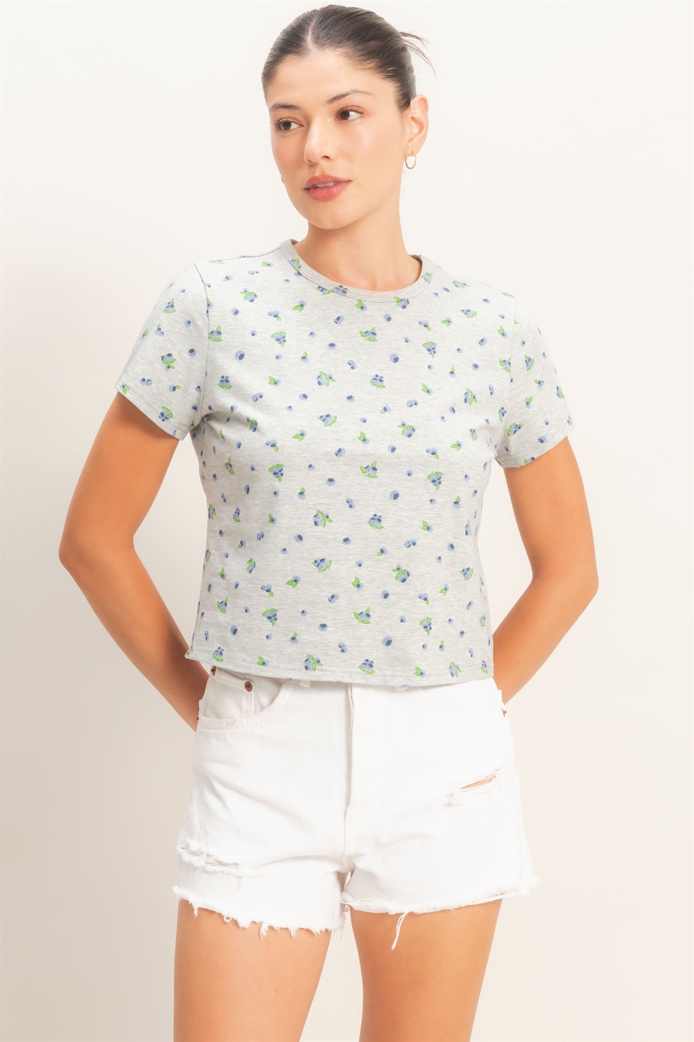 Wholesale Blueberry Print Crew Neck Tee Clothing Tops HF26C787 HEATHER GRAY HYFVE