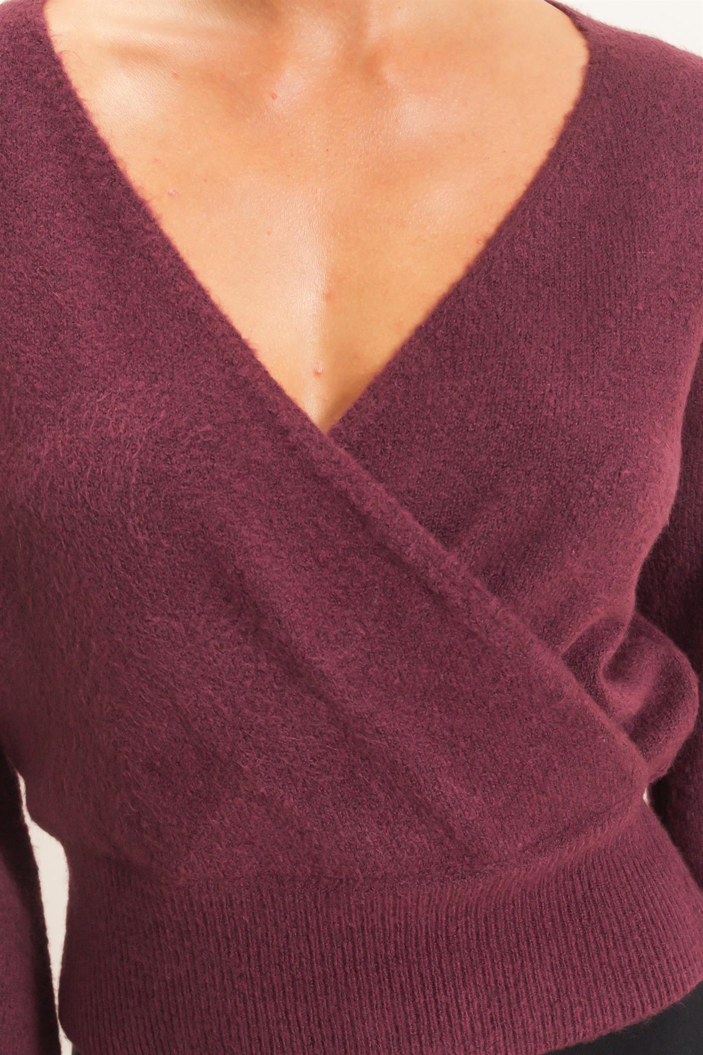 Wholesale Wrap V Neck Sweater Sweaters DZ26E948 DARK CHERRY DOUBLE ZERO