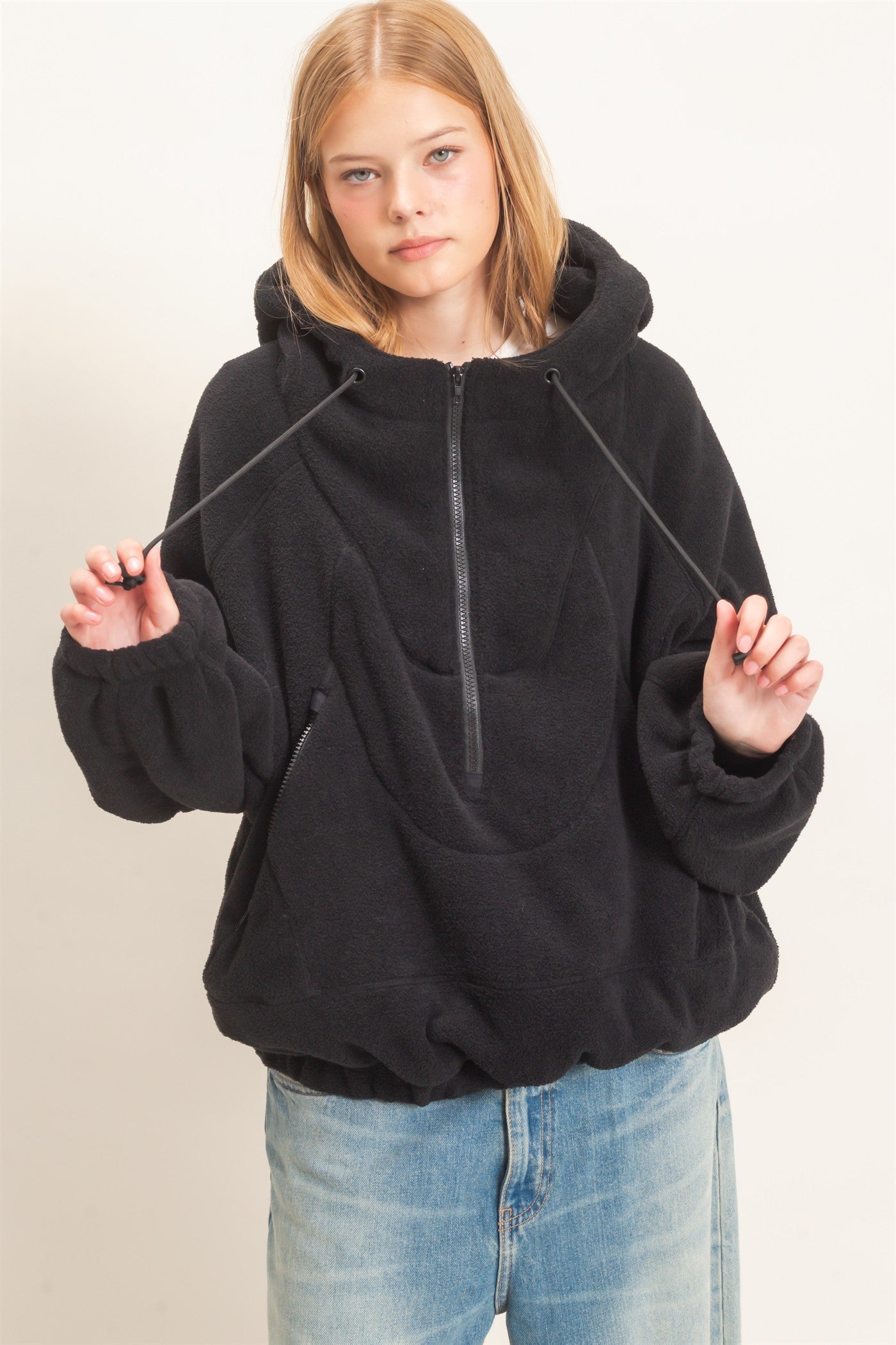 Wholesale Half-Zip Fleece Hoodie Hoodies HF26E561 BLACK HYFVE