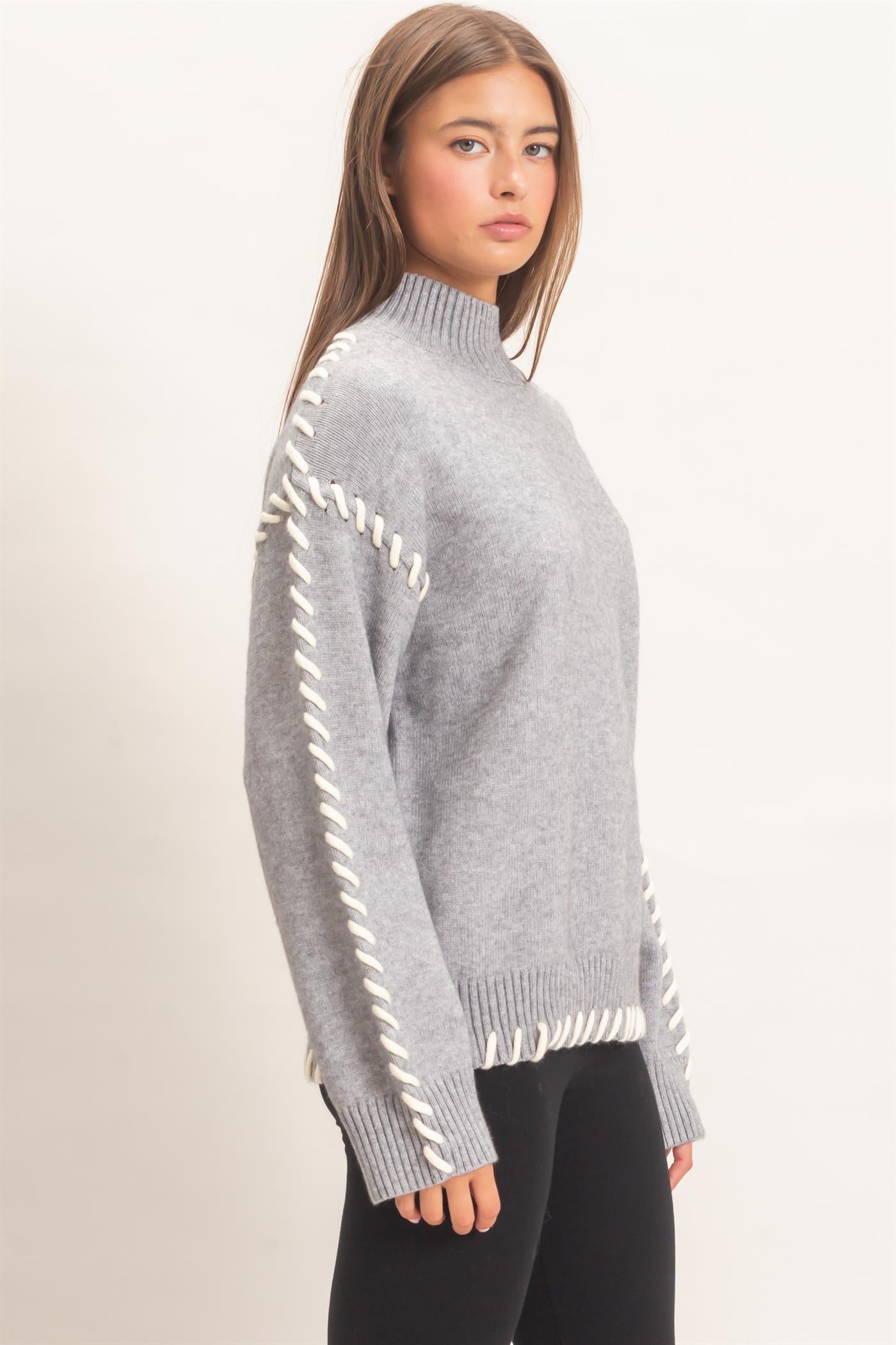 Wholesale Blanket Stitch High Neck Sweater Sweaters DZ27A190 HEATHER GRAY DOUBLE ZERO