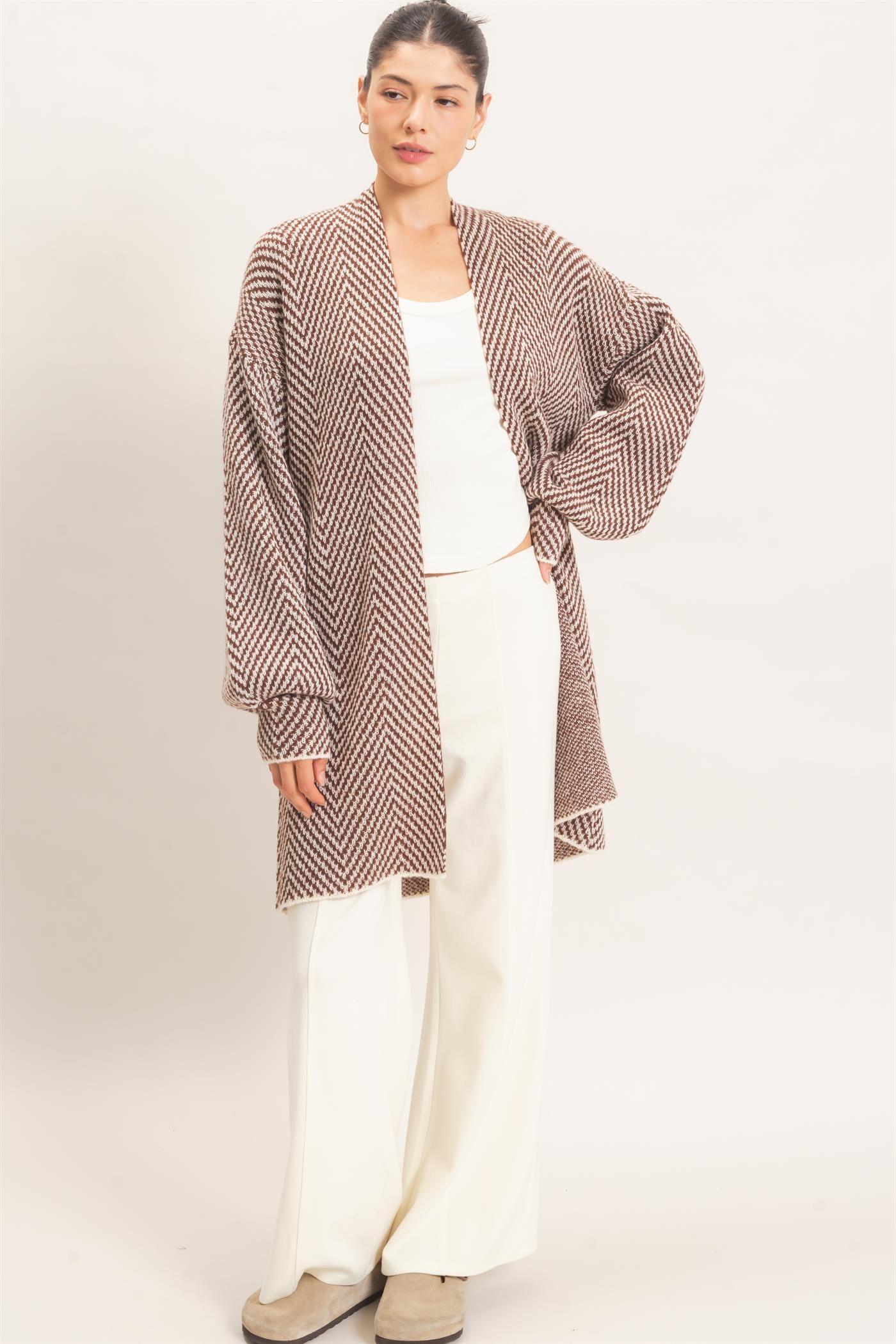 Wholesale Herringbone Pattern Open-Front Cardigan Cardigans HF26F171 BROWN HYFVE