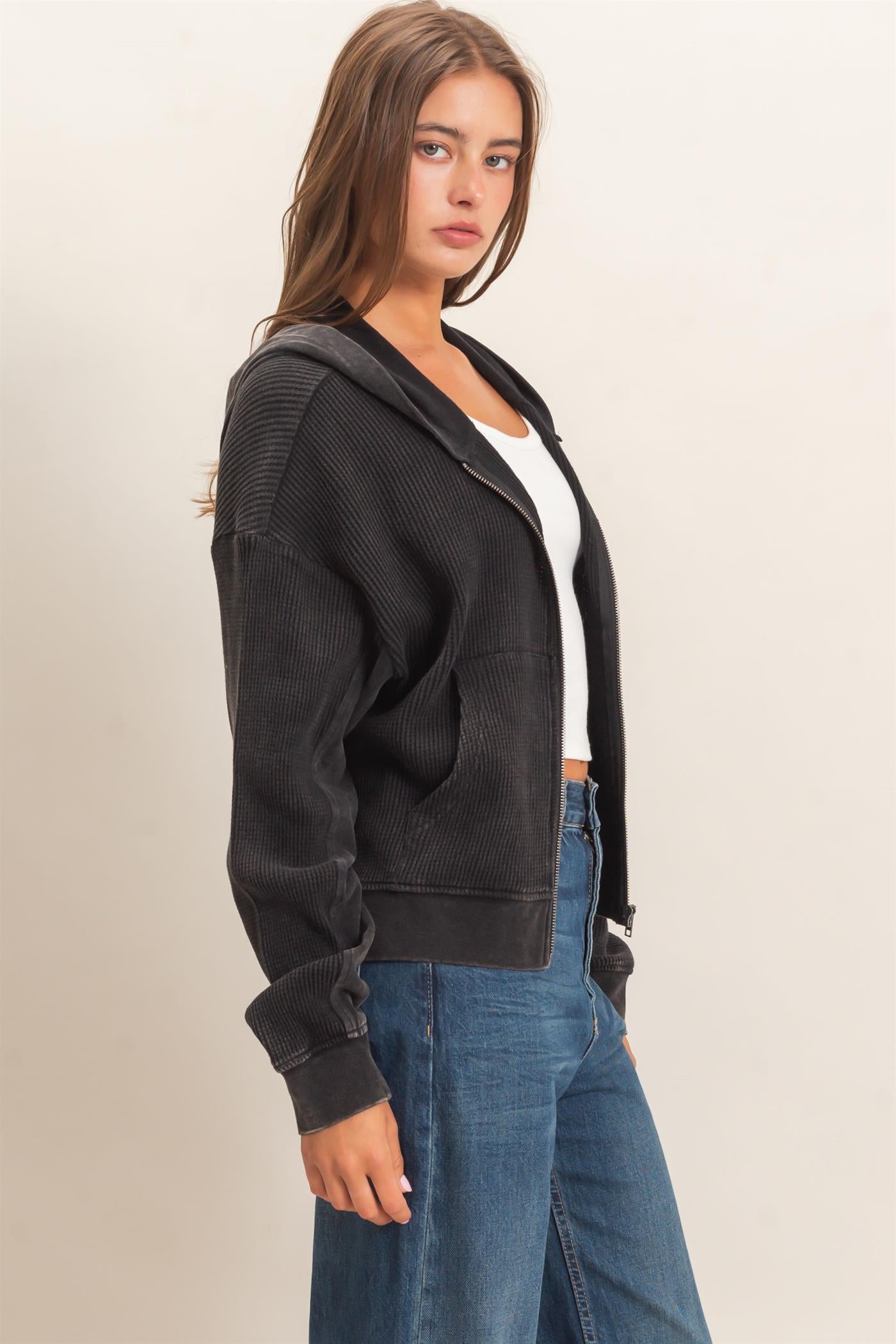 Wholesale Acid Wash Waffle Knit Zip-Up Hoodie Hoodies DZ26E401 BLACK DOUBLE ZERO