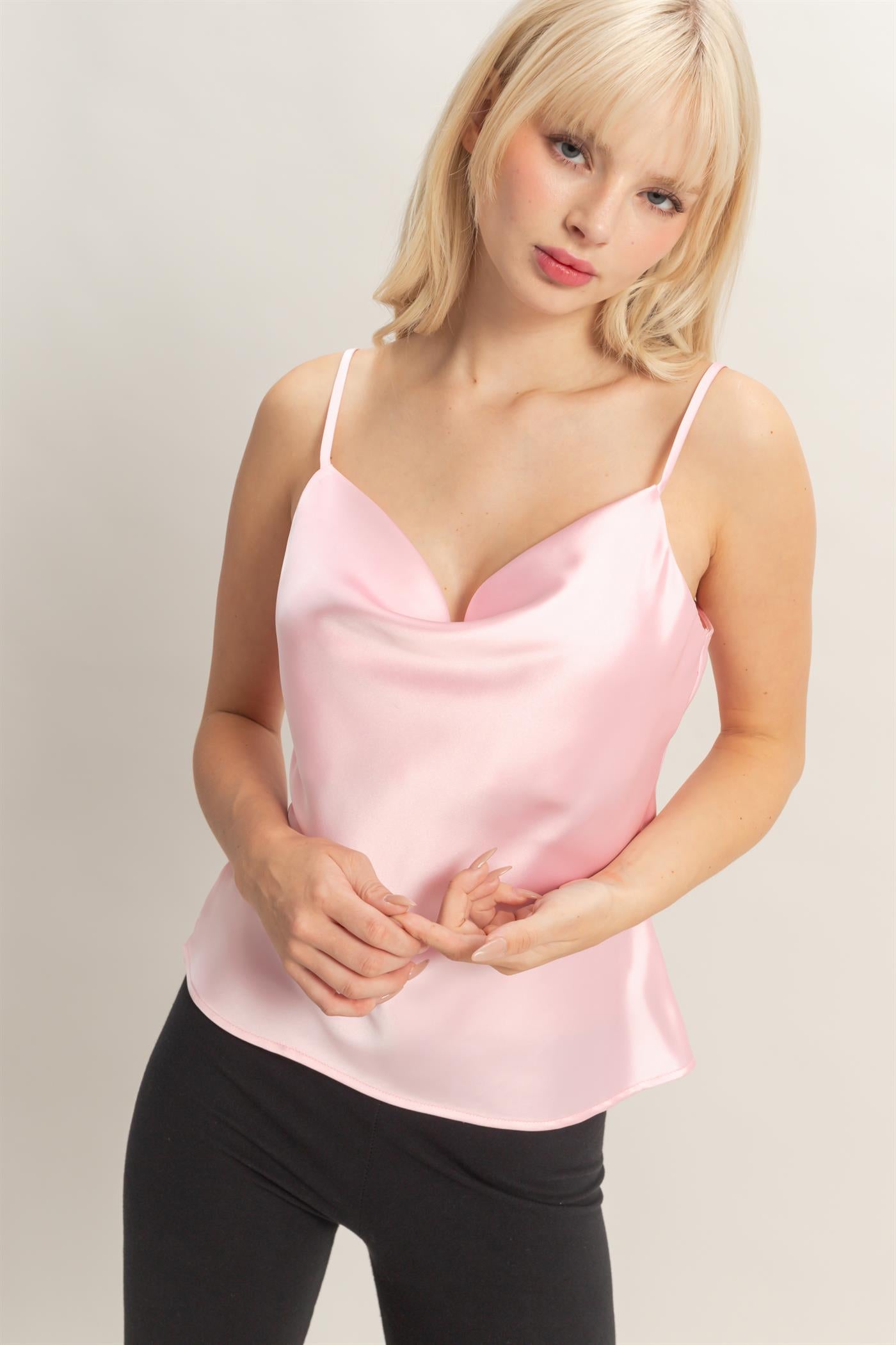 Wholesale Cowl Neck Satin Cami Top Clothing Tops DZ26A277 SOFT PINK DOUBLE ZERO