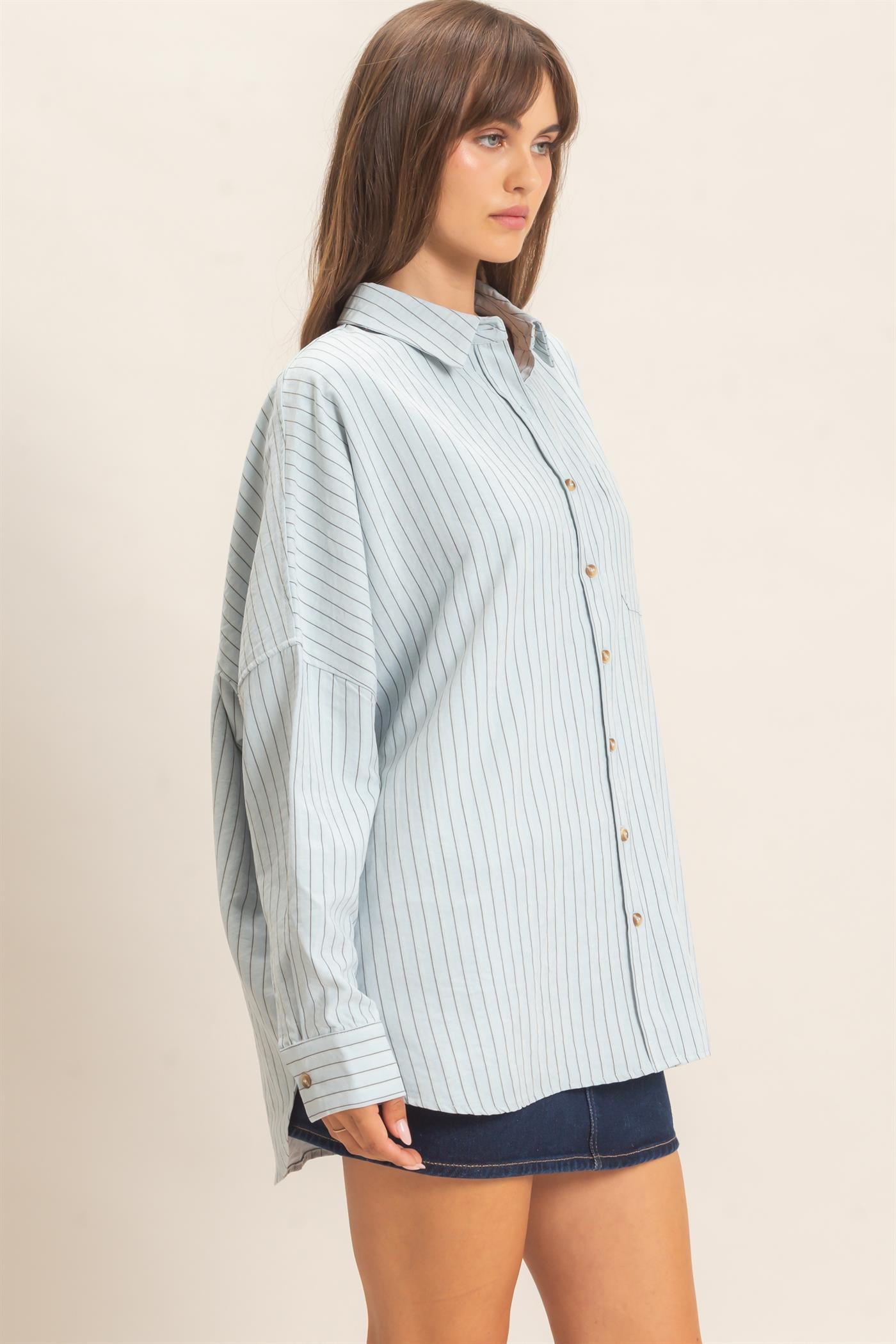 Wholesale Striped Button-Up Shirt Shirts HF26F134 BLUE HYFVE