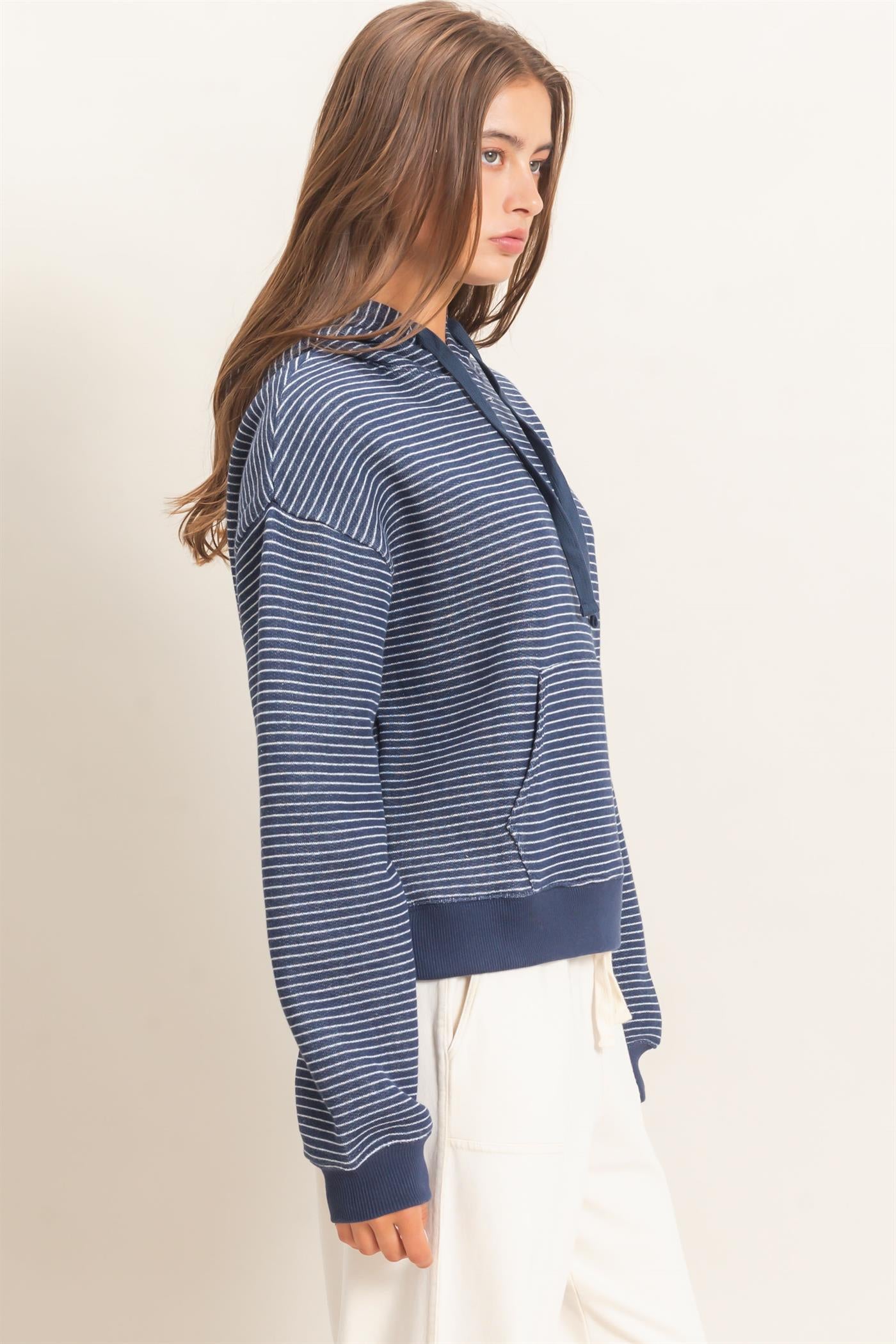 Wholesale Striped French Terry Hoodie Hoodies DZ26C619 NAVY DOUBLE ZERO