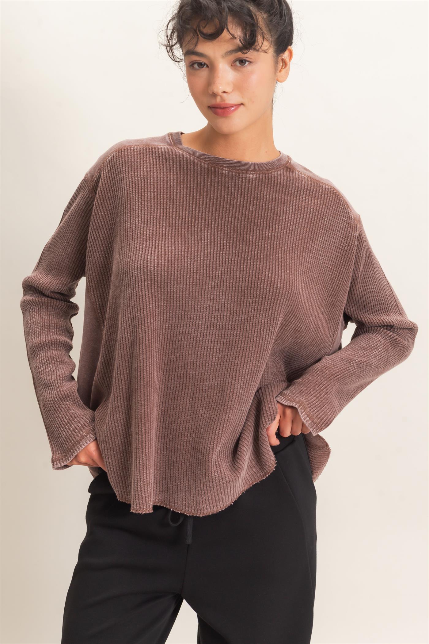 Wholesale Oversized Mineral Washed Waffle Knit Top Clothing Tops DZ26E654 DARK BROWN DOUBLE ZERO