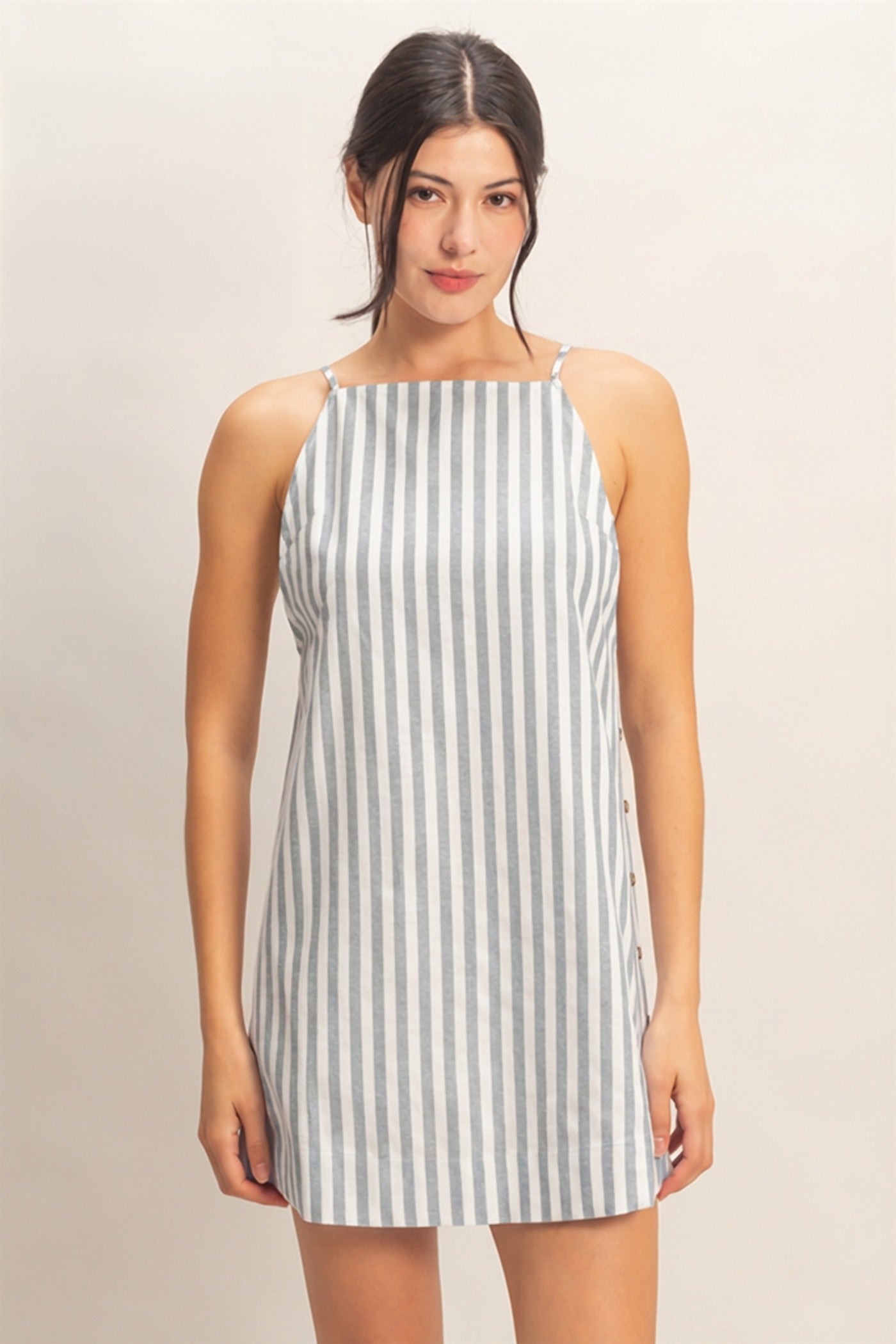 Wholesale Striped Straight Neck Mini Dress Dresses HF26C080 BLACK HYFVE