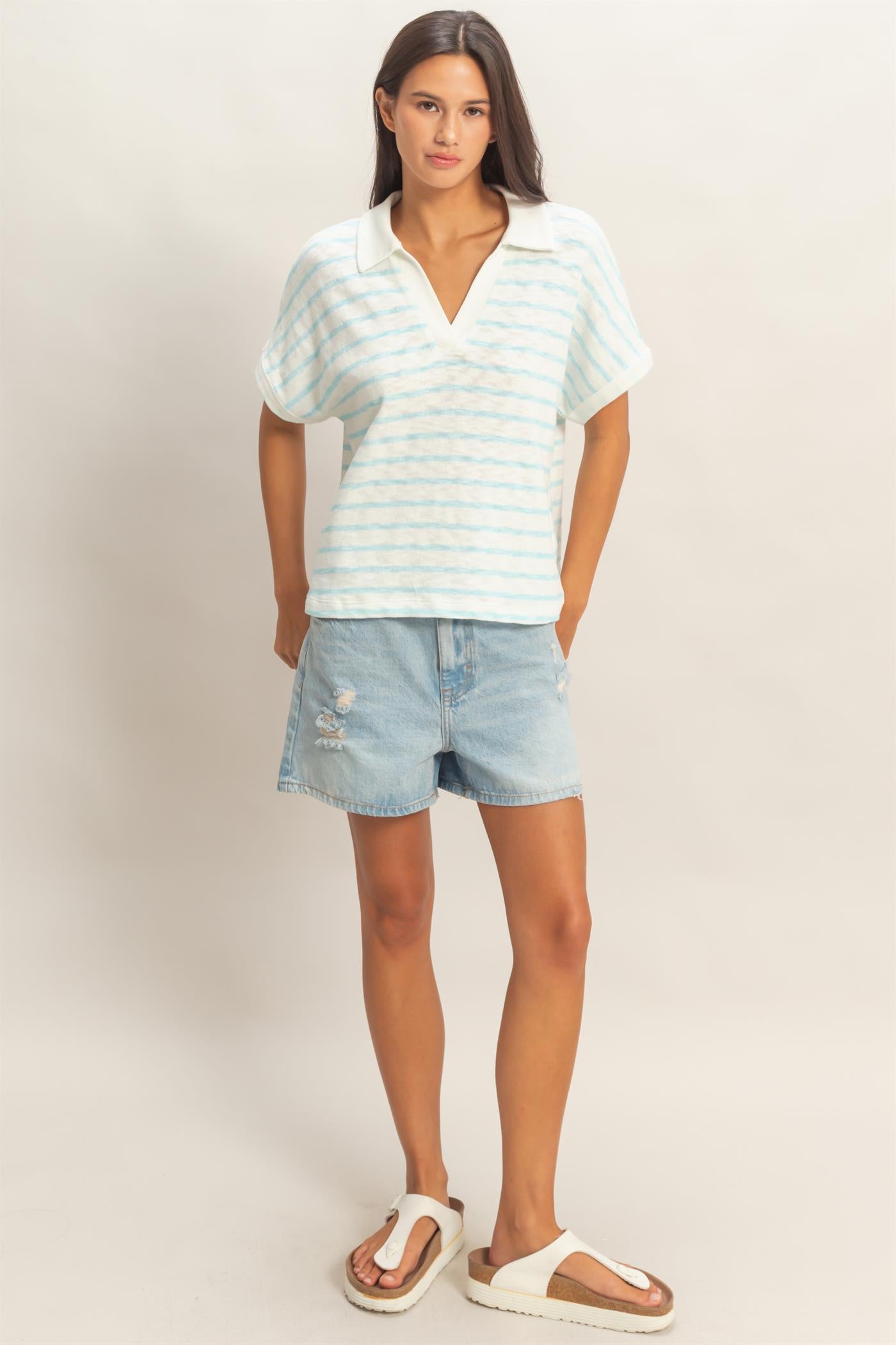 Wholesale Striped Dolman Sleeve V-Neck Collared Top Clothing Tops DZ26A452 BLUE DOUBLE ZERO