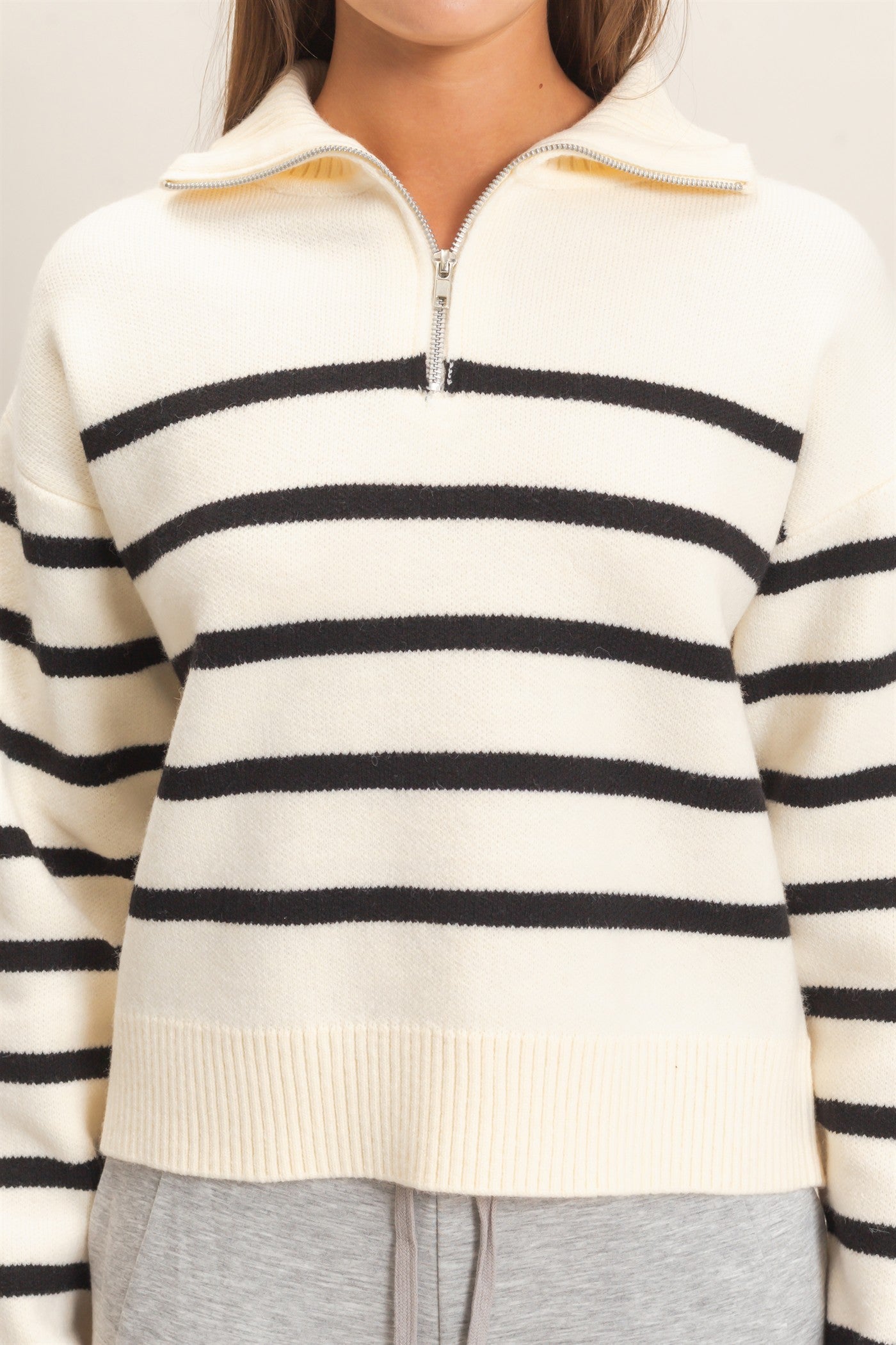 Wholesale Half-Zip Collared Stripe Sweater Sweaters DZ26E950 CREAM DOUBLE ZERO