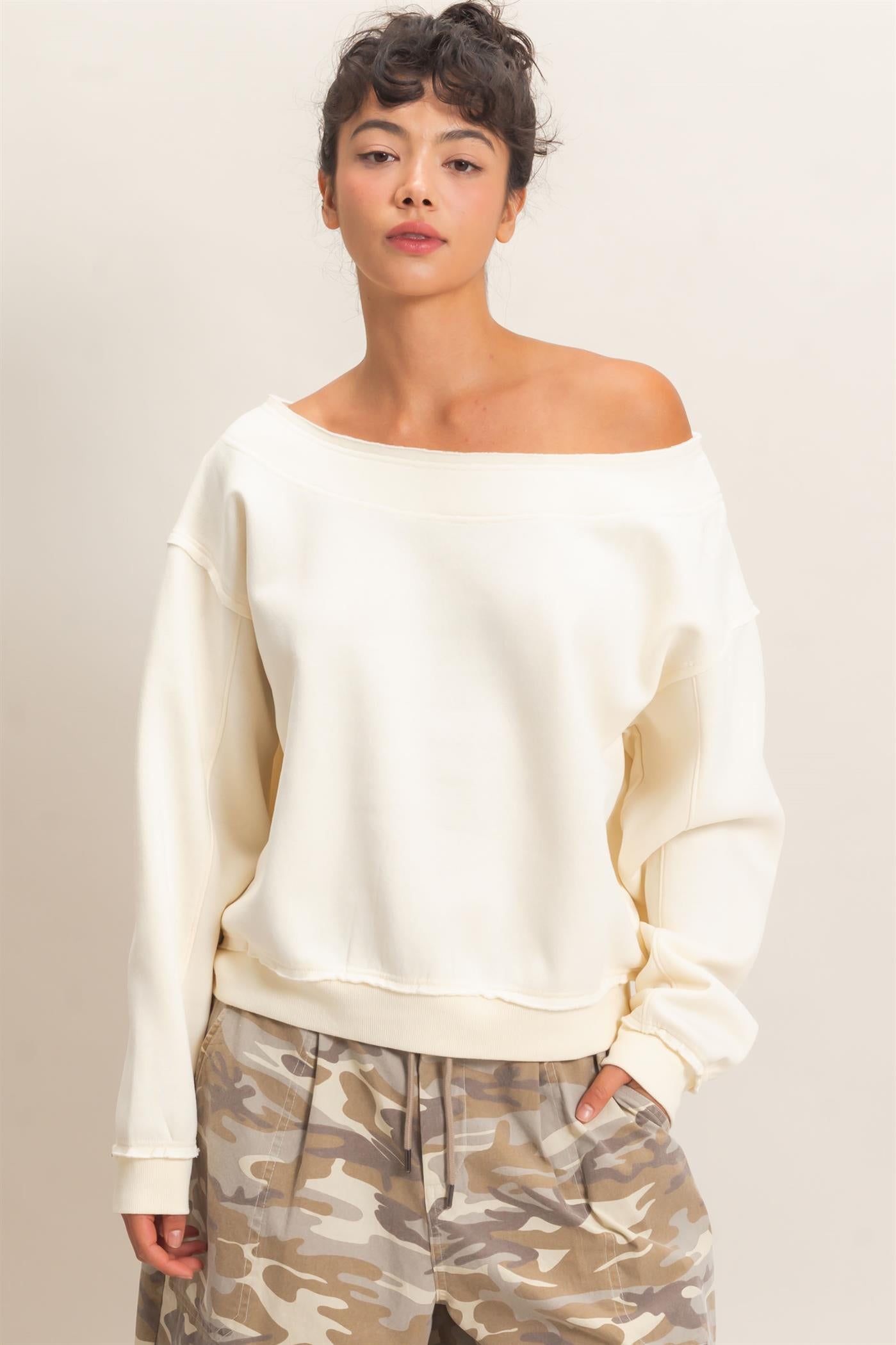 Wholesale Off Shoulder Sweatshirt Sweatshirts DZ26C880 CREAM DOUBLE ZERO