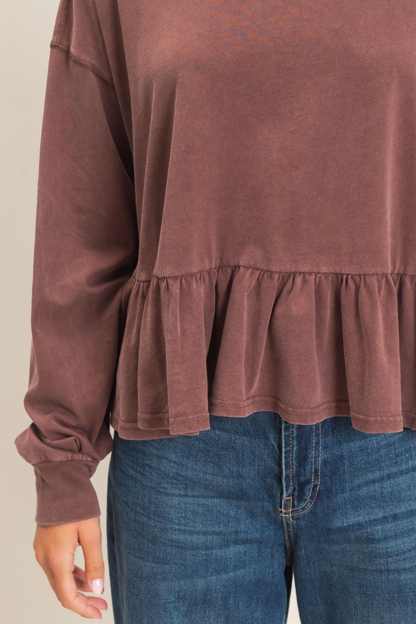 Wholesale Peplum Long Sleeve Top Clothing Tops DZ26F397 DARK BROWN DOUBLE ZERO