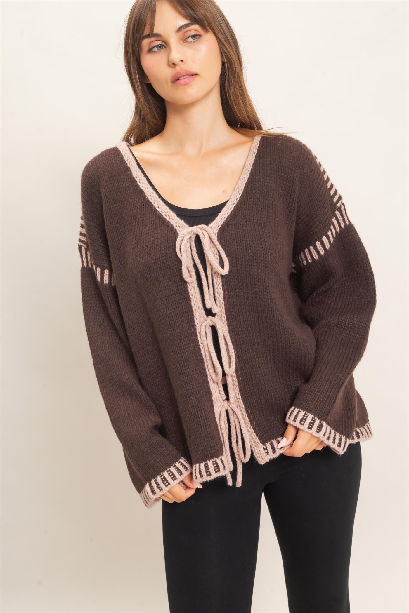 Wholesale Open Front Tie Cardigan Cardigans HF26F154 BROWN HYFVE