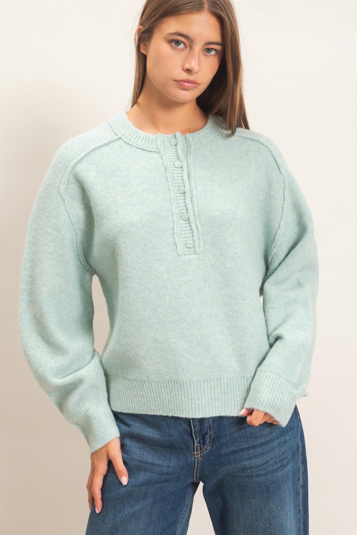 Wholesale Henley Sweater With Reverse Seams Sweaters DZ26F004 PALE GREEN DOUBLE ZERO