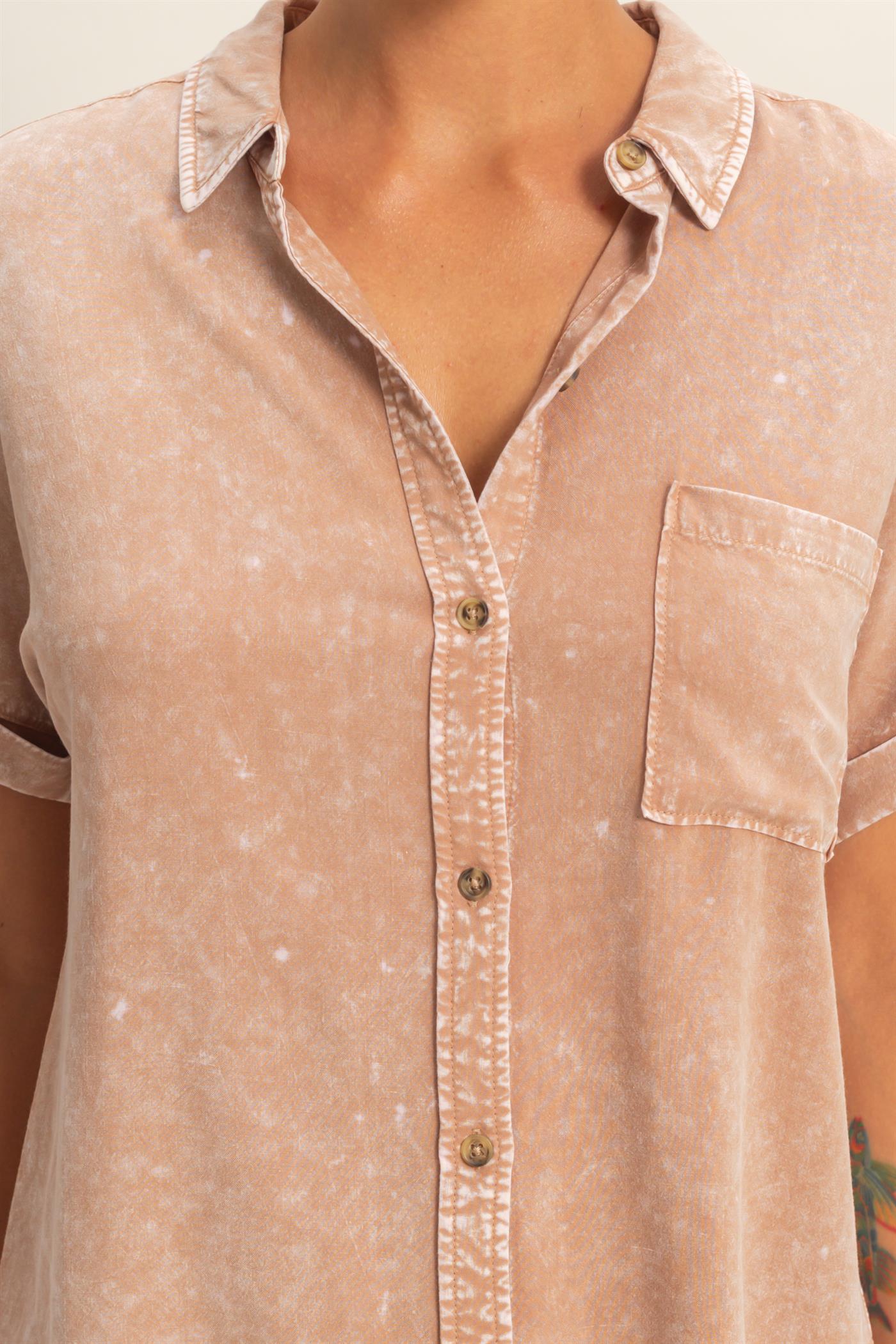 Wholesale Mineral Wash Button-Up Dolman Sleeve Shirt Shirts DZ26C132 DARK TAUPE DOUBLE ZERO