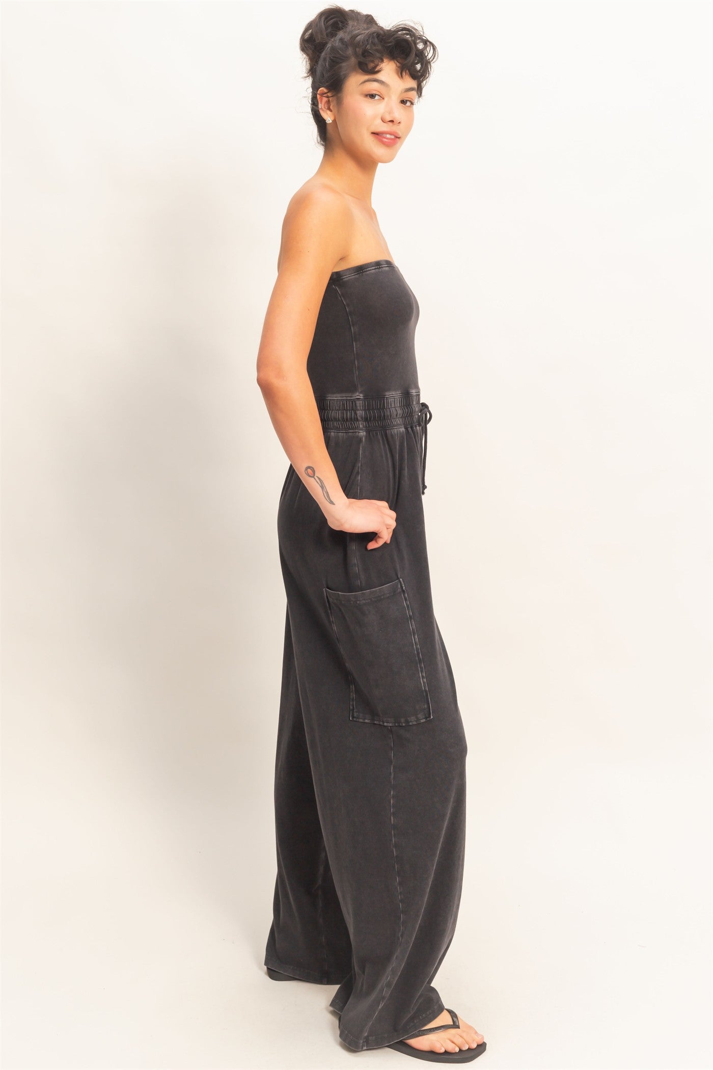 Wholesale Mineral Wash Strapless Wide-Leg Jumpsuit Clothing DZ26C376 BLACK DOUBLE ZERO