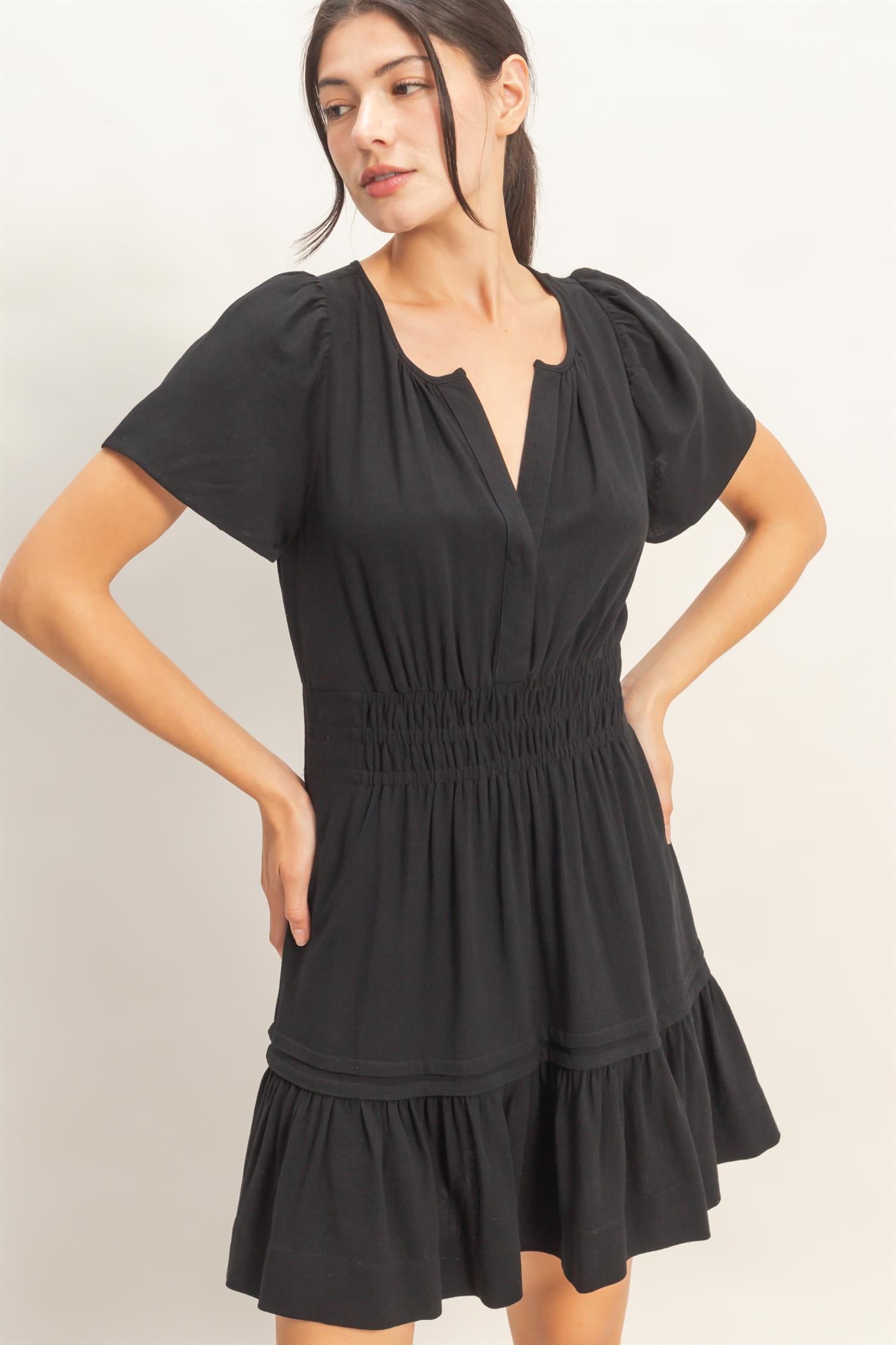 Wholesale Short Sleeve Tuck Skirt Dress Dresses HF26A194 BLACK HYFVE