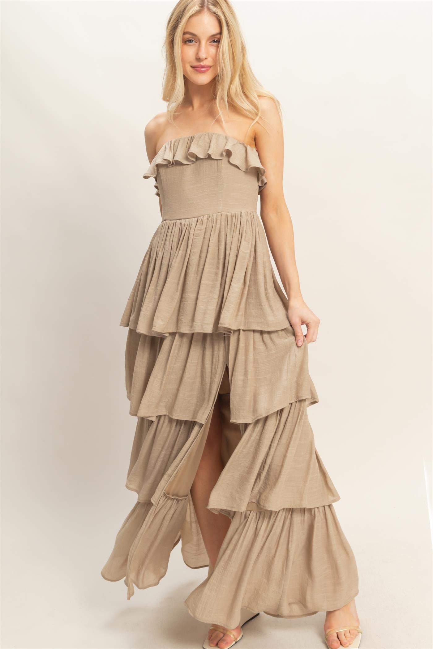 Wholesale Tiered Strapless Ruffle Dress Dresses HF26A616-D TAUPE HYFVE