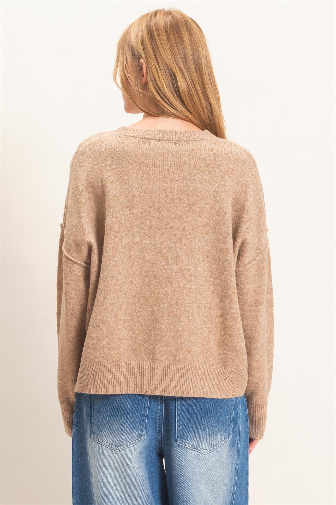 Wholesale Crew Neck Sweater With Ribbed Hem Sweaters HF26E203-D DARK TAUPE HYFVE