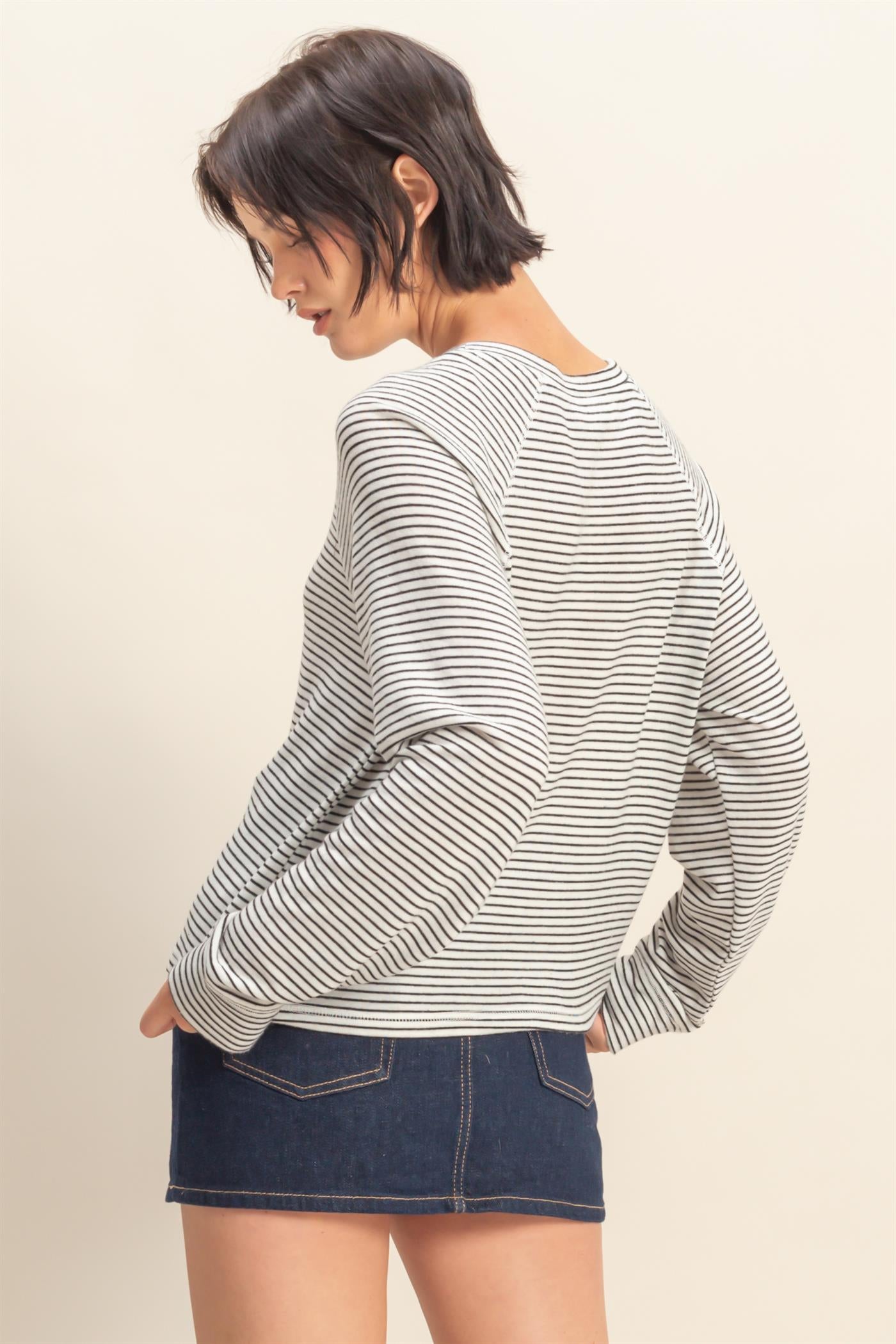 Wholesale Striped Raglan Long Sleeve Top Clothing Tops DZ25E600 CREAM/BLACK DOUBLE ZERO