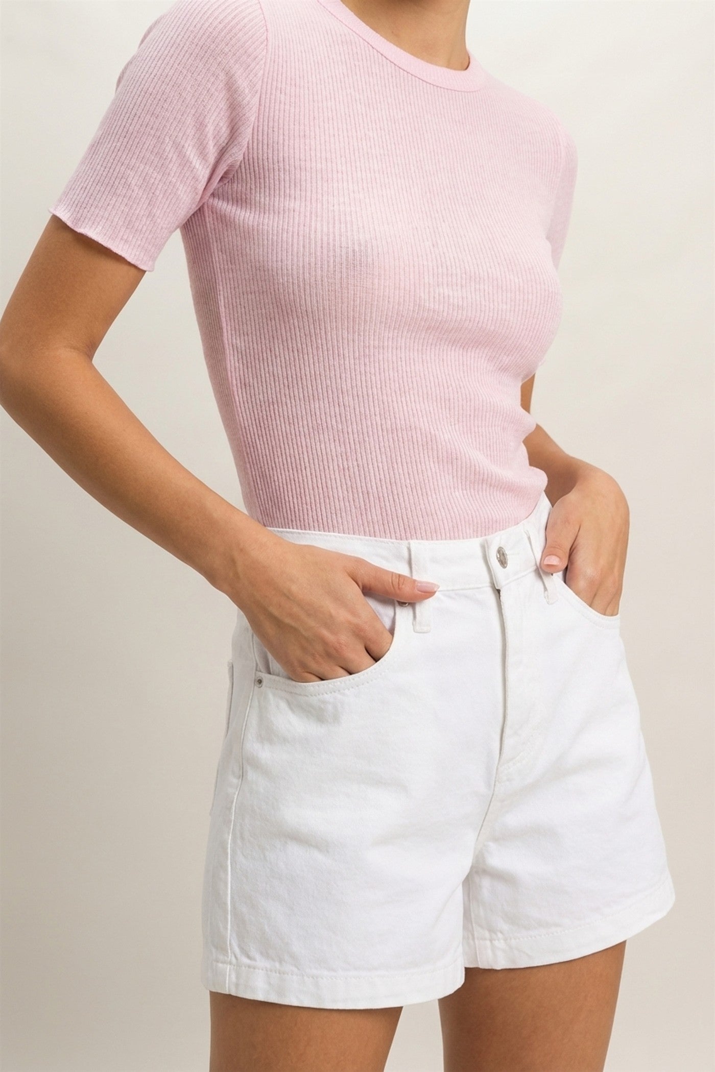 Wholesale Ribbed Short Sleeve Top Clothing Tops DZ24C197 PALE PINK DOUBLE ZERO