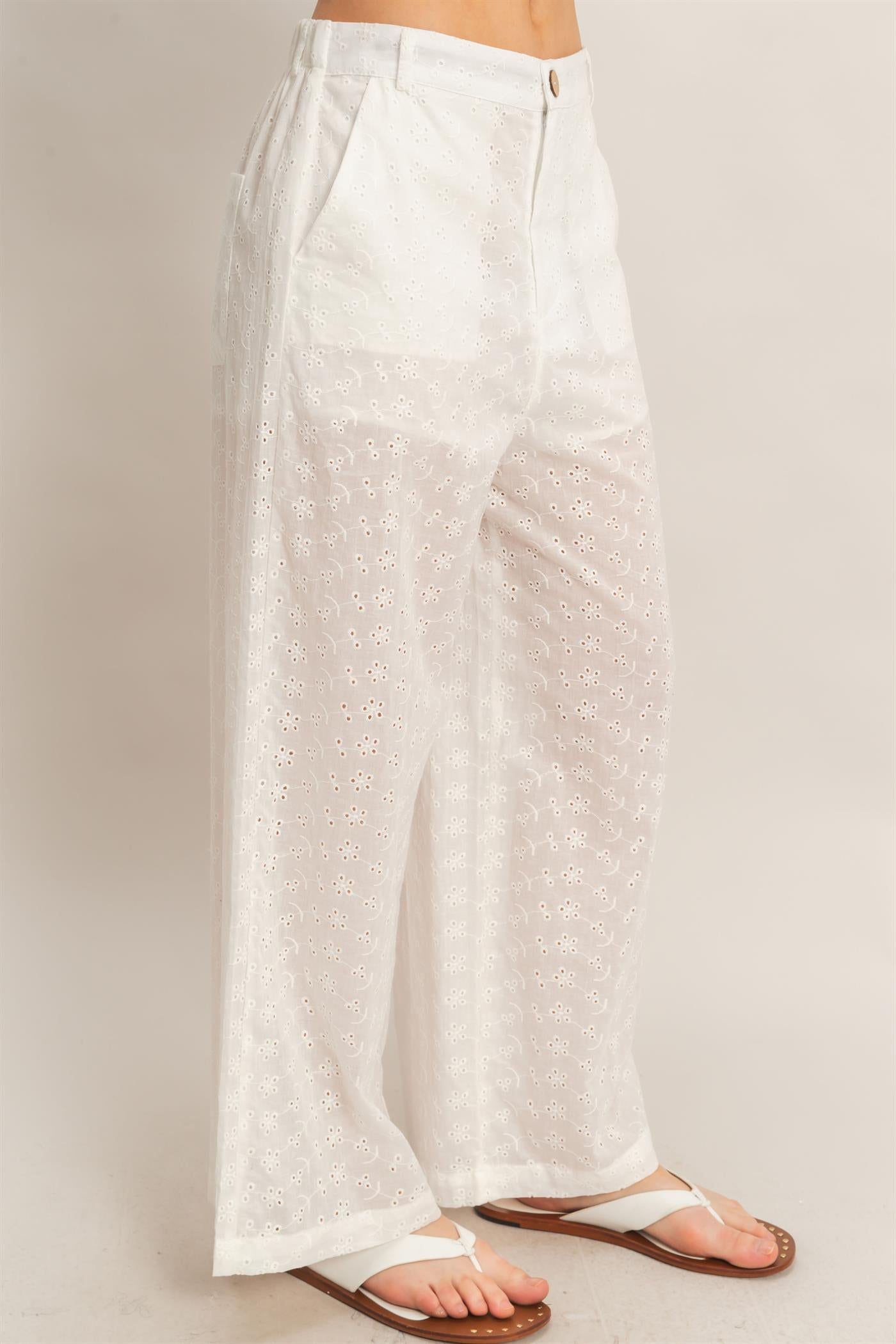 Wholesale Floral Eyelet Pants Pants HF26C542 WHITE HYFVE