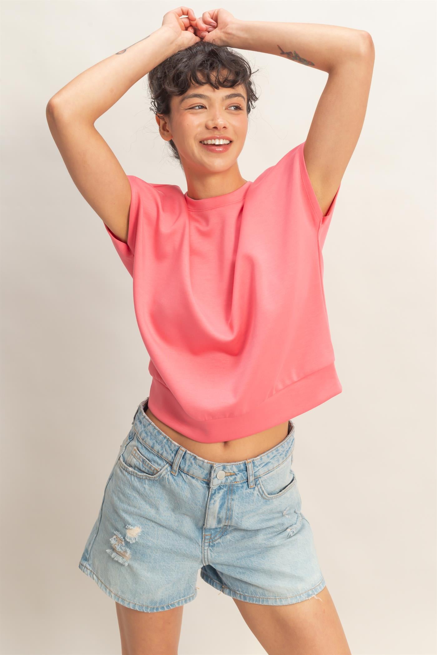Wholesale Crew Neck Short Dolman Sleeve Top Clothing Tops DZ26C205 TAFFY PINK DOUBLE ZERO