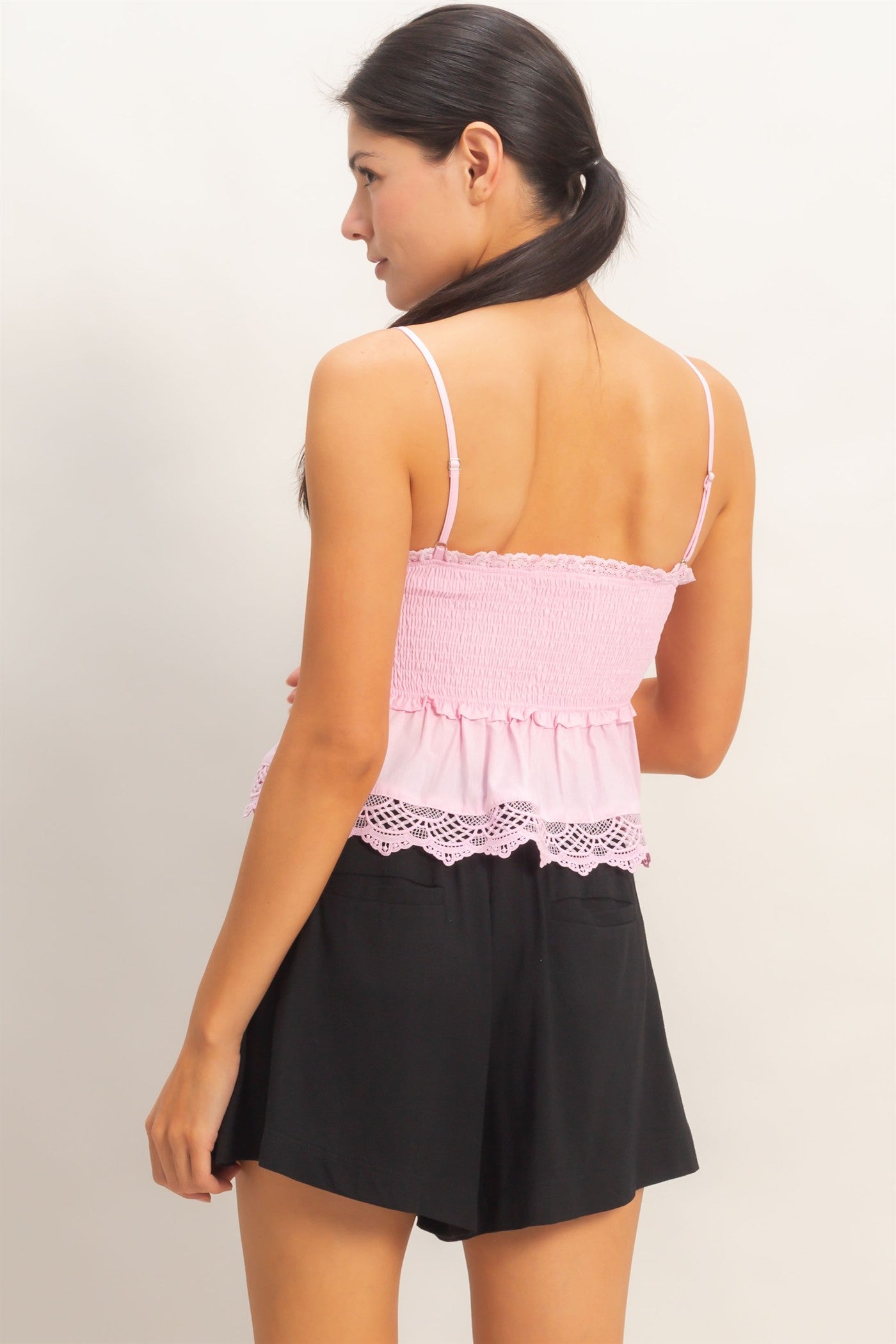 Wholesale Smocked Peplum Top With Lace Trim Clothing Tops HF26C558 PINK HYFVE