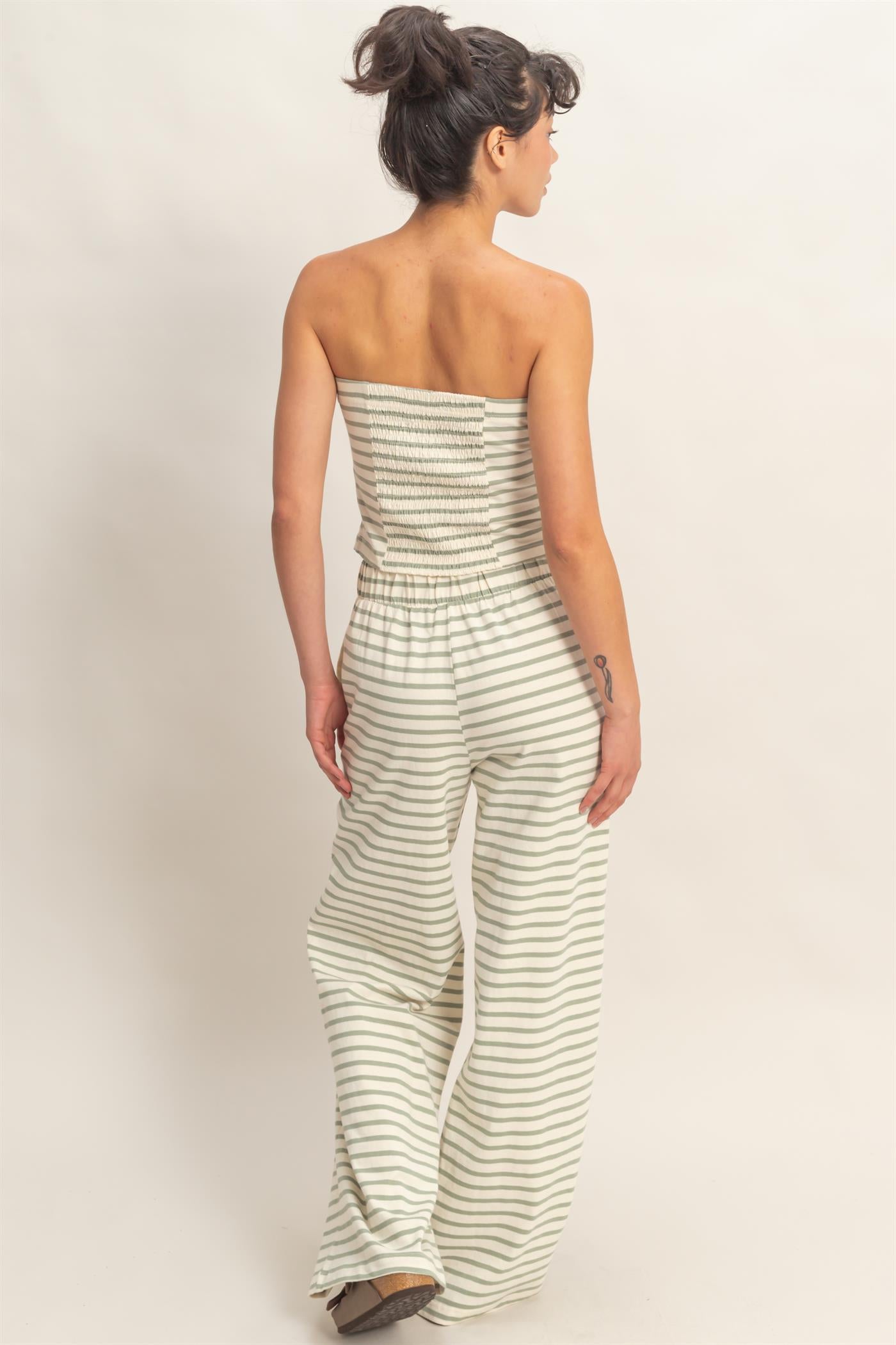 Wholesale Striped Jersey Tube Top And Pants Set Clothing DZ26C621-SET SAGE GREEN DOUBLE ZERO