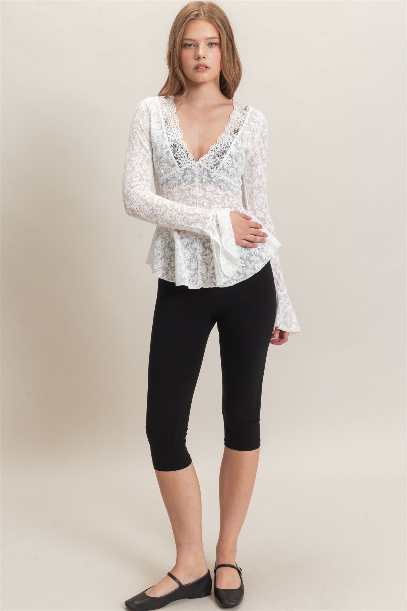 Wholesale Lace V-Neck Flare Sleeve Top Clothing Tops HF26E359 OFF WHITE HYFVE