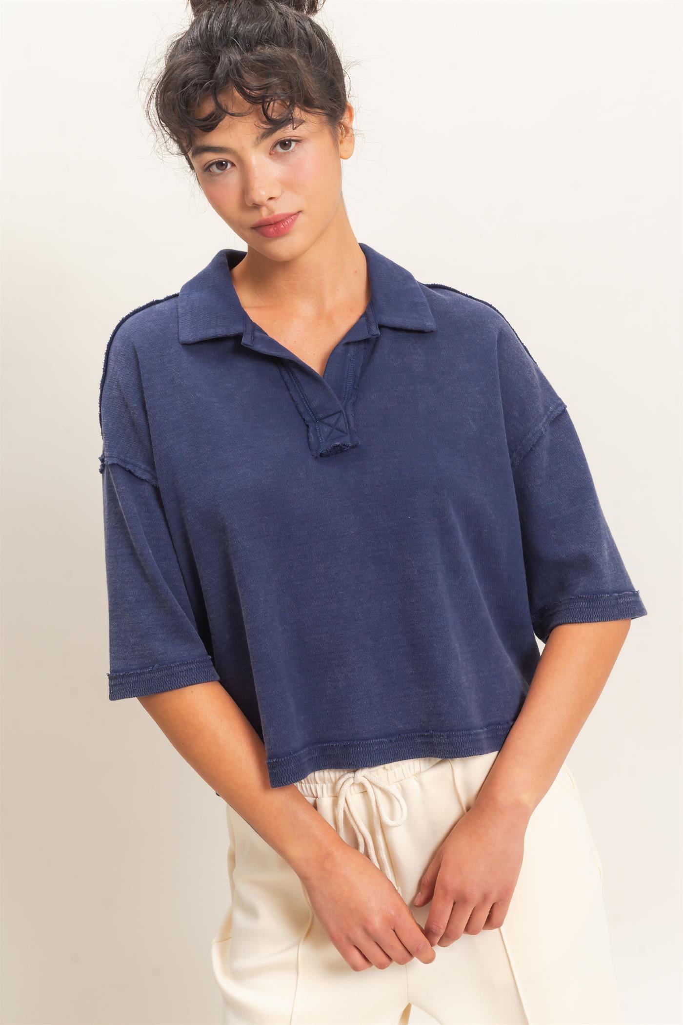 Wholesale Mineral Wash Oversized Collar Short Sleeve Top Clothing Tops DZ26E813 NAVY DOUBLE ZERO