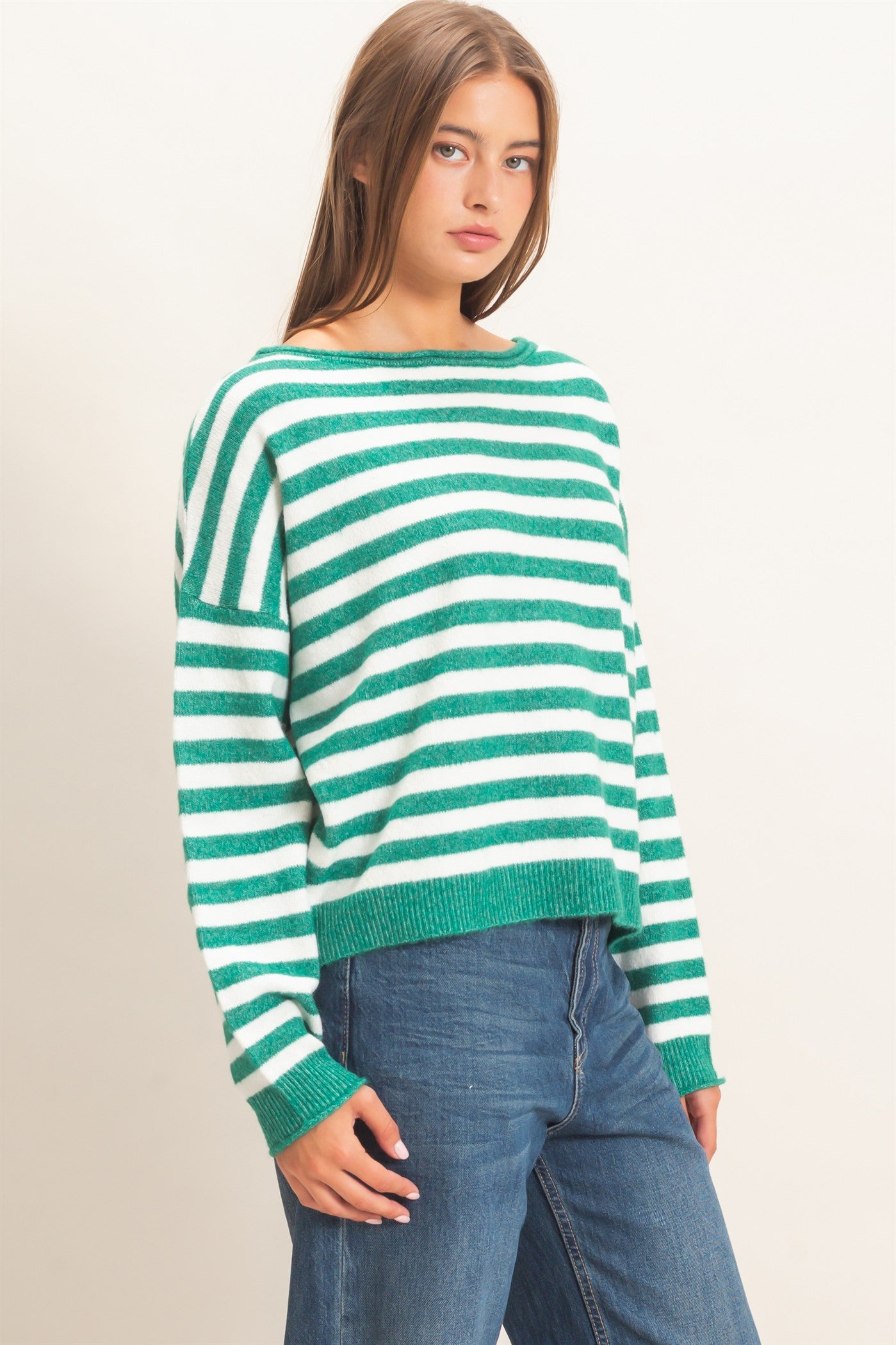 Wholesale Off The Shoulder Striped Sweater Sweaters DZ26E653 EMERALD DOUBLE ZERO