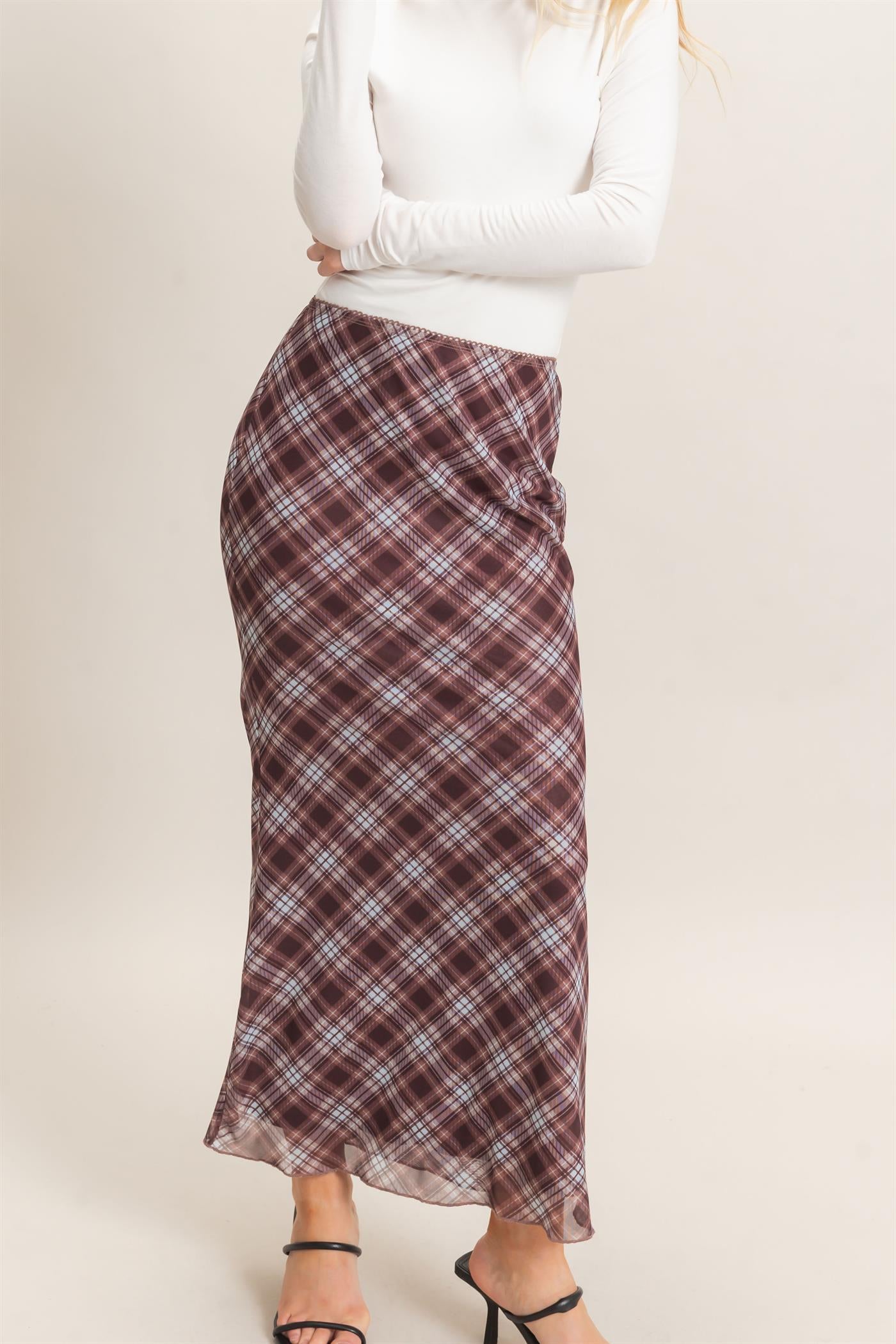 Wholesale Printed Mesh Maxi Skirt Skirts HF26F214 BROWN/PLAID HYFVE