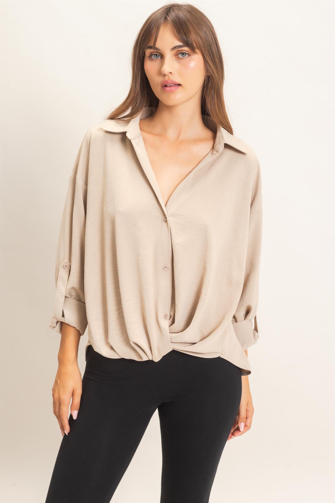 Wholesale Button-Up Dolman Sleeve Top Shirts HF26F070 BEIGE HYFVE