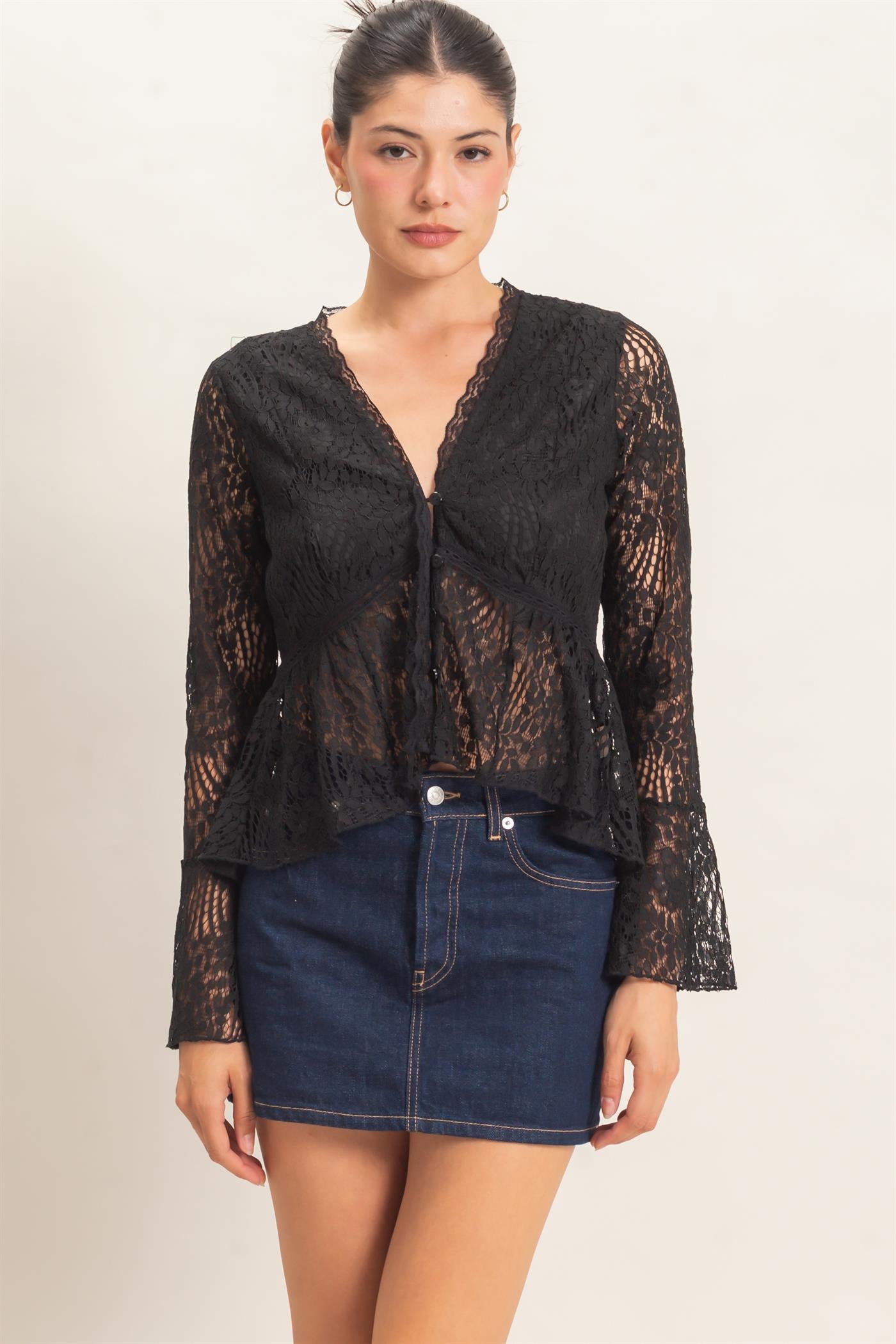 Wholesale Lace V-Neck Peplum Top Clothing Tops HF26E560 BLACK HYFVE