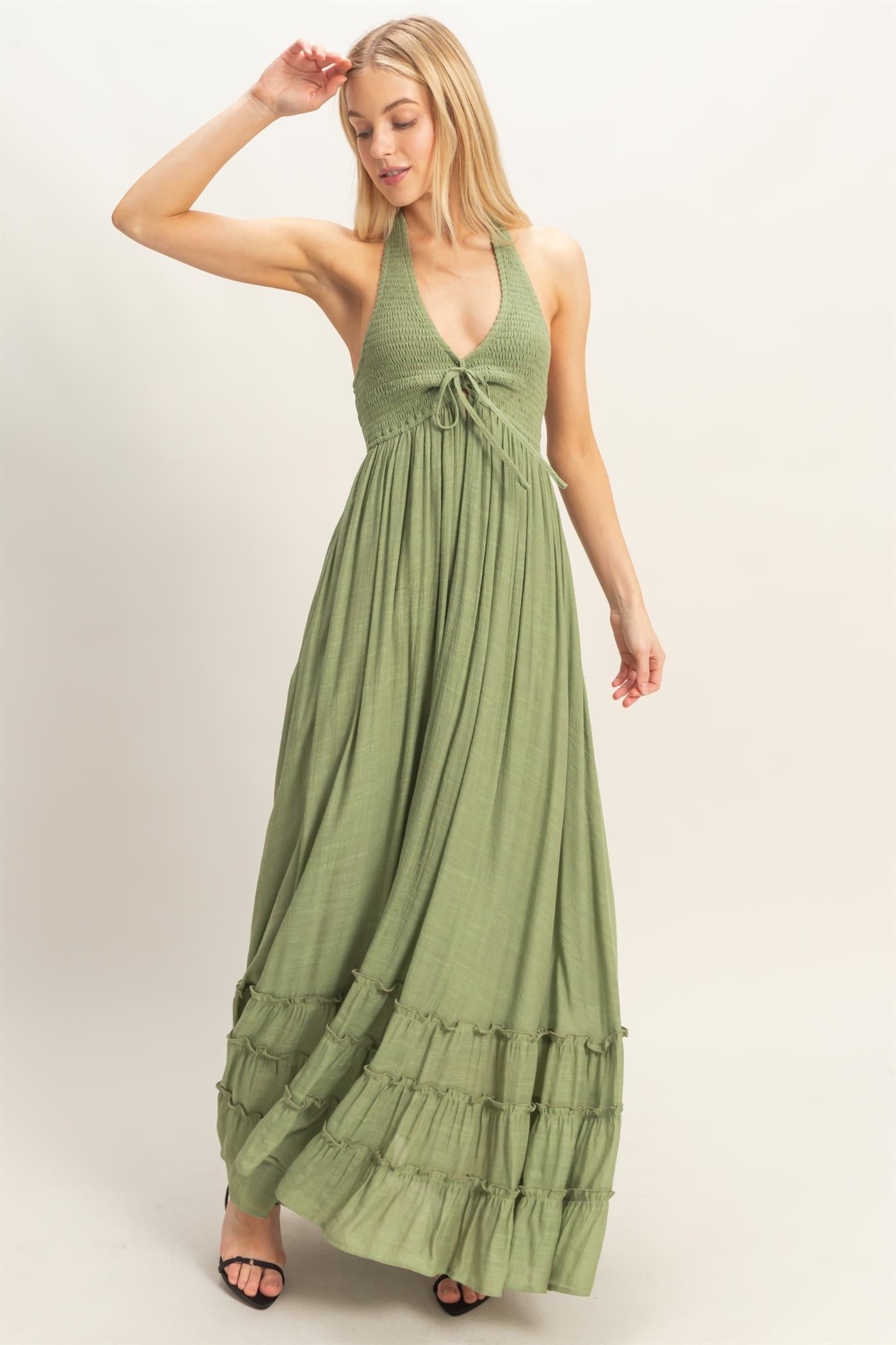 Wholesale Halter Neck Smocked Maxi Dress Dresses HF26C287-D LIGHT OLIVE HYFVE