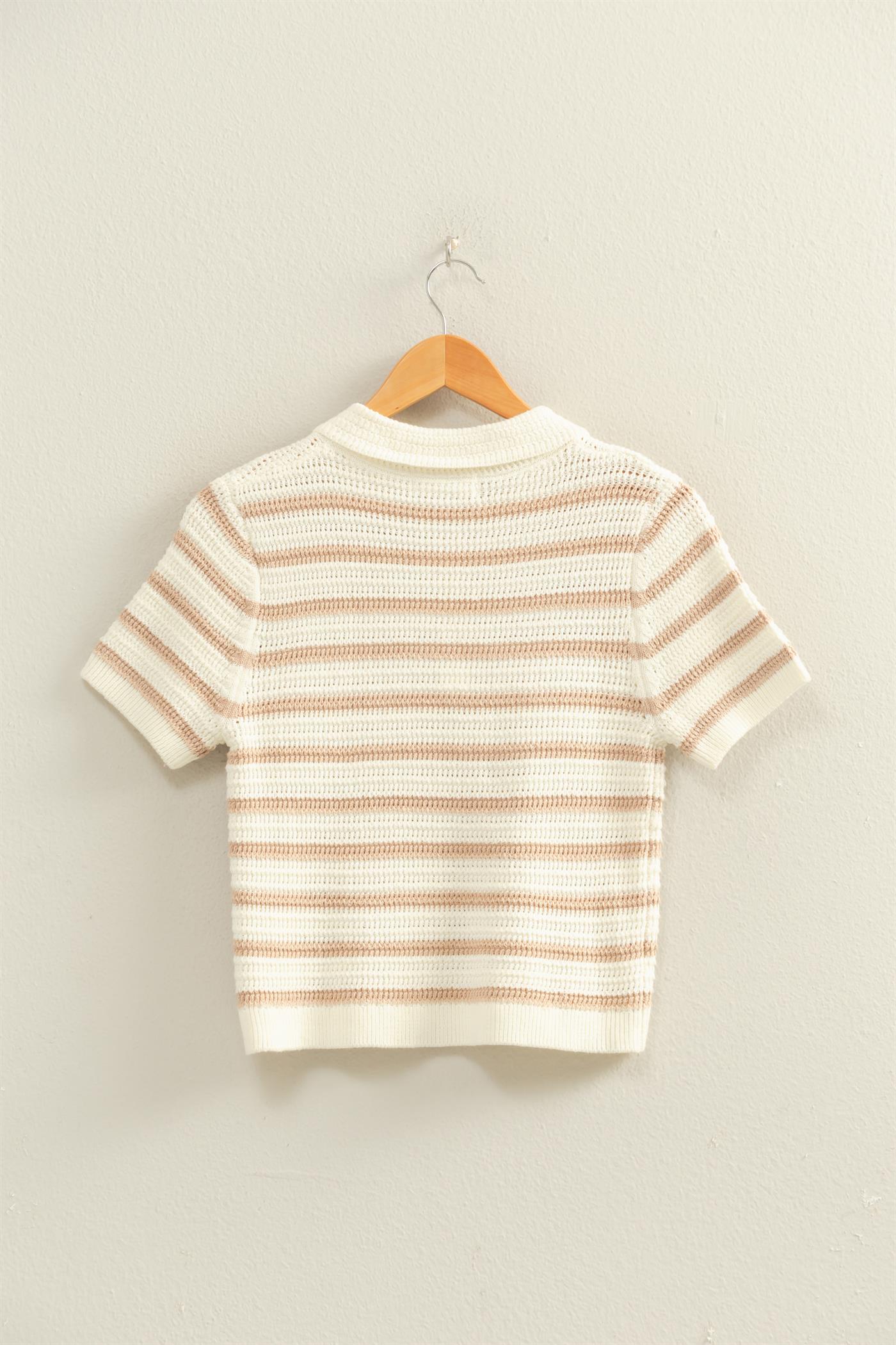 Wholesale Short Sleeve Striped Knit Polo Clothing Tops DZ26A603 TAUPE DOUBLE ZERO