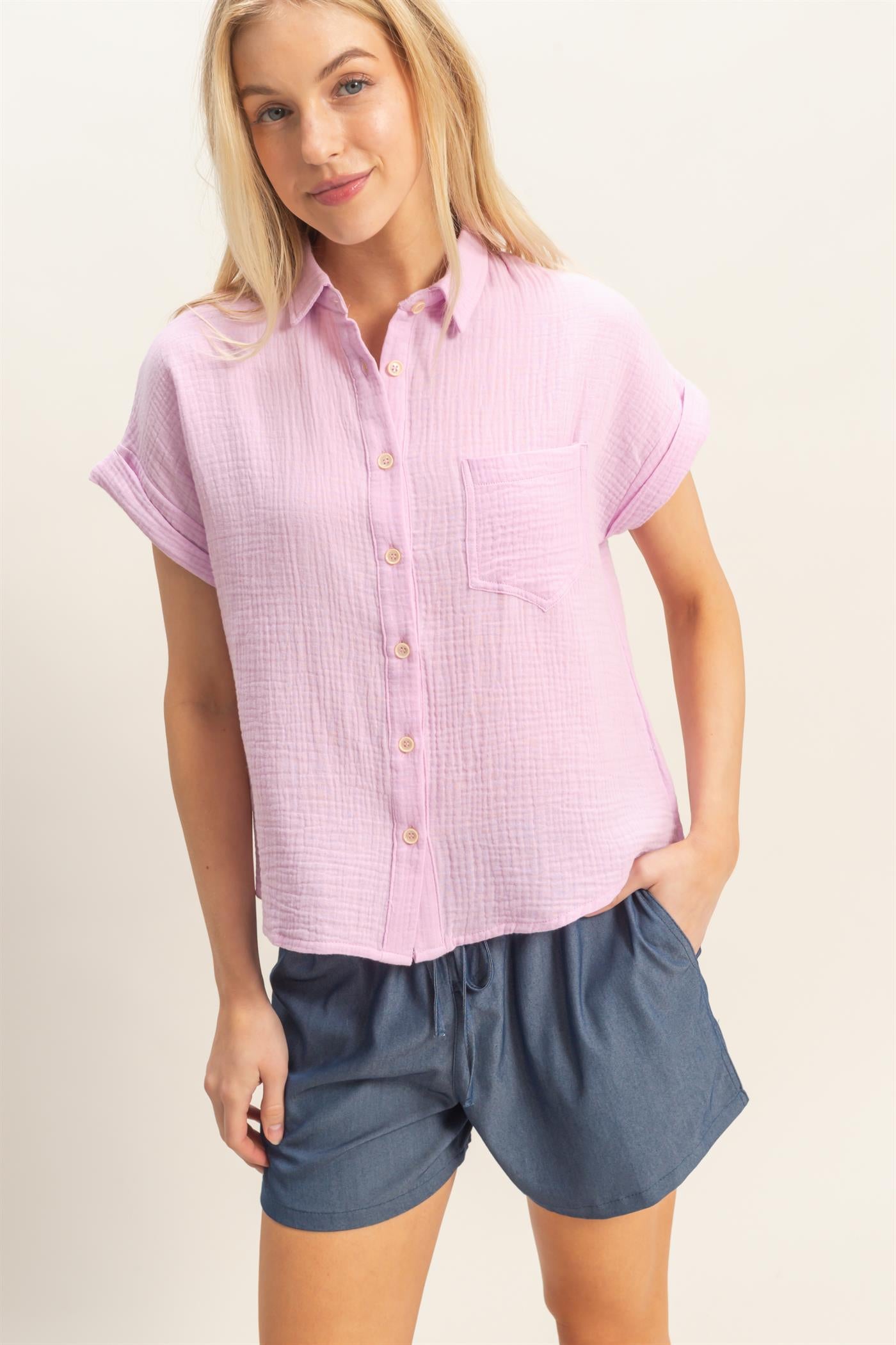 Wholesale Rolled Sleeve Button-Up Top Clothing Tops HF26E526 PINK HYFVE