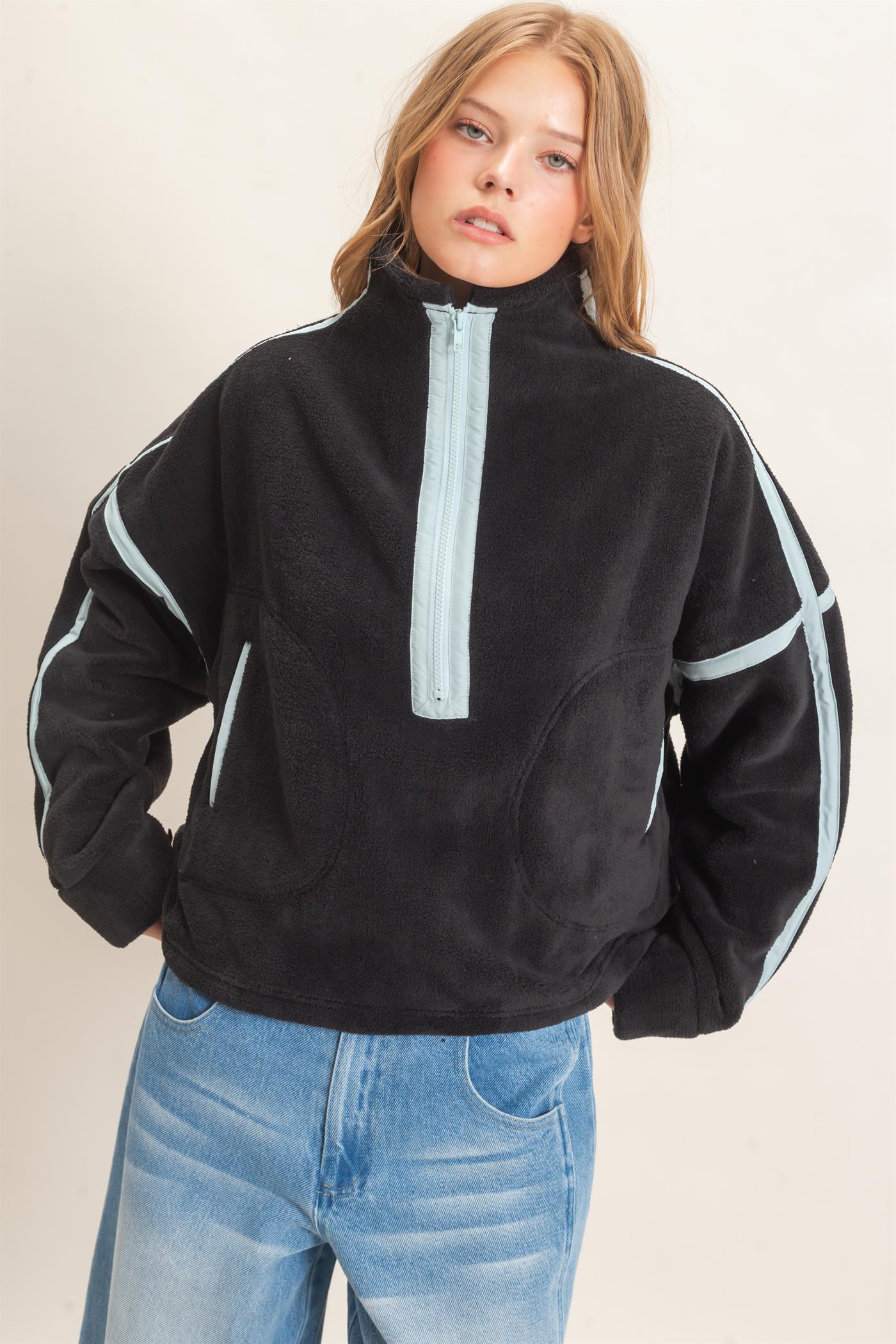 Wholesale Contrast Trim Half-Zip Fleece Pullover Outerwear HF26F206-D BLACK HYFVE