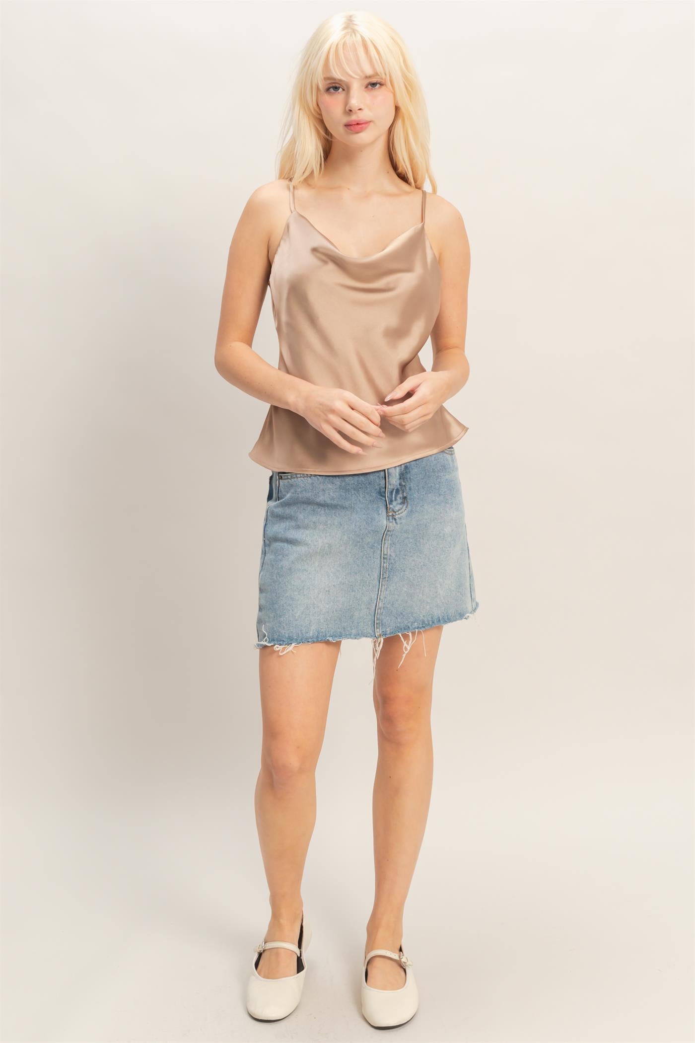 Wholesale Cowl Neck Satin Cami Top Clothing Tops DZ26A277 DARK TAUPE DOUBLE ZERO