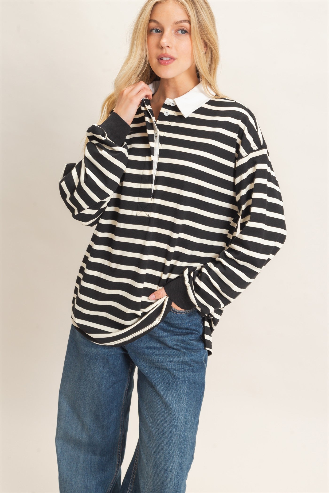 Wholesale Striped Polo Long Sleeve Top Clothing Tops HF26F078 BLACK/CREAM HYFVE