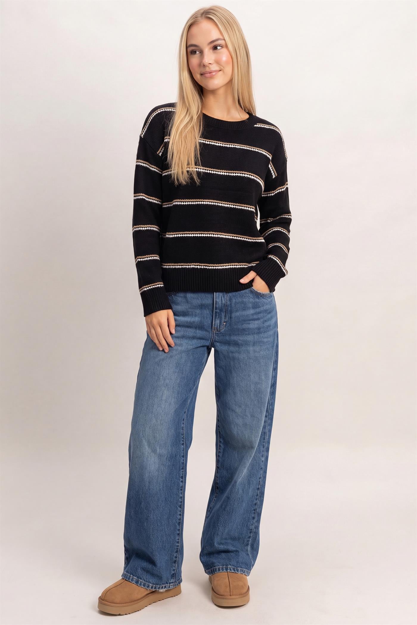 Wholesale Striped Crew Neck Sweater Sweaters HF26E696-D BLACK HYFVE