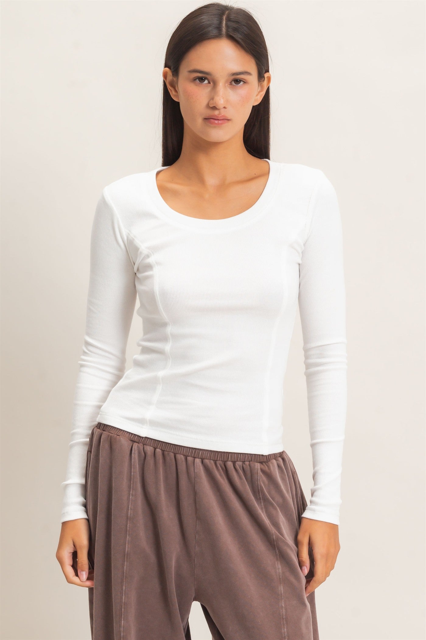 Wholesale Pigment Dye Seam Detail Scoop Neck Top Clothing Tops DZ26E242 WHITE DOUBLE ZERO