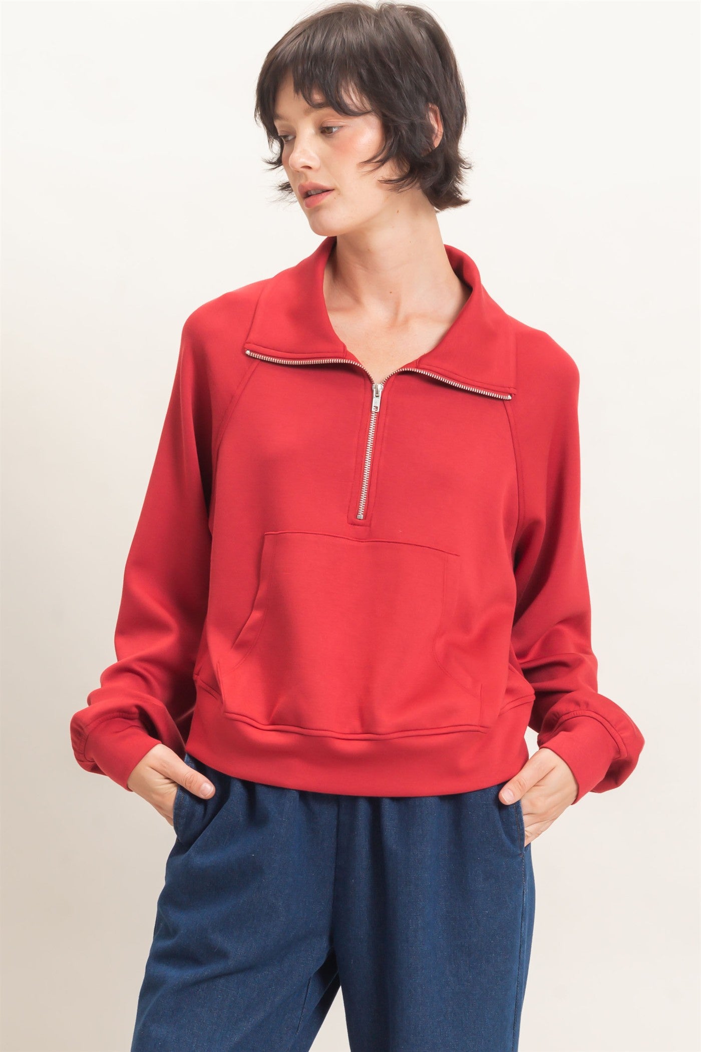 Wholesale Half-Zip Collar Raglan Pullover Sweatshirts DZ26C967 DARK RED DOUBLE ZERO