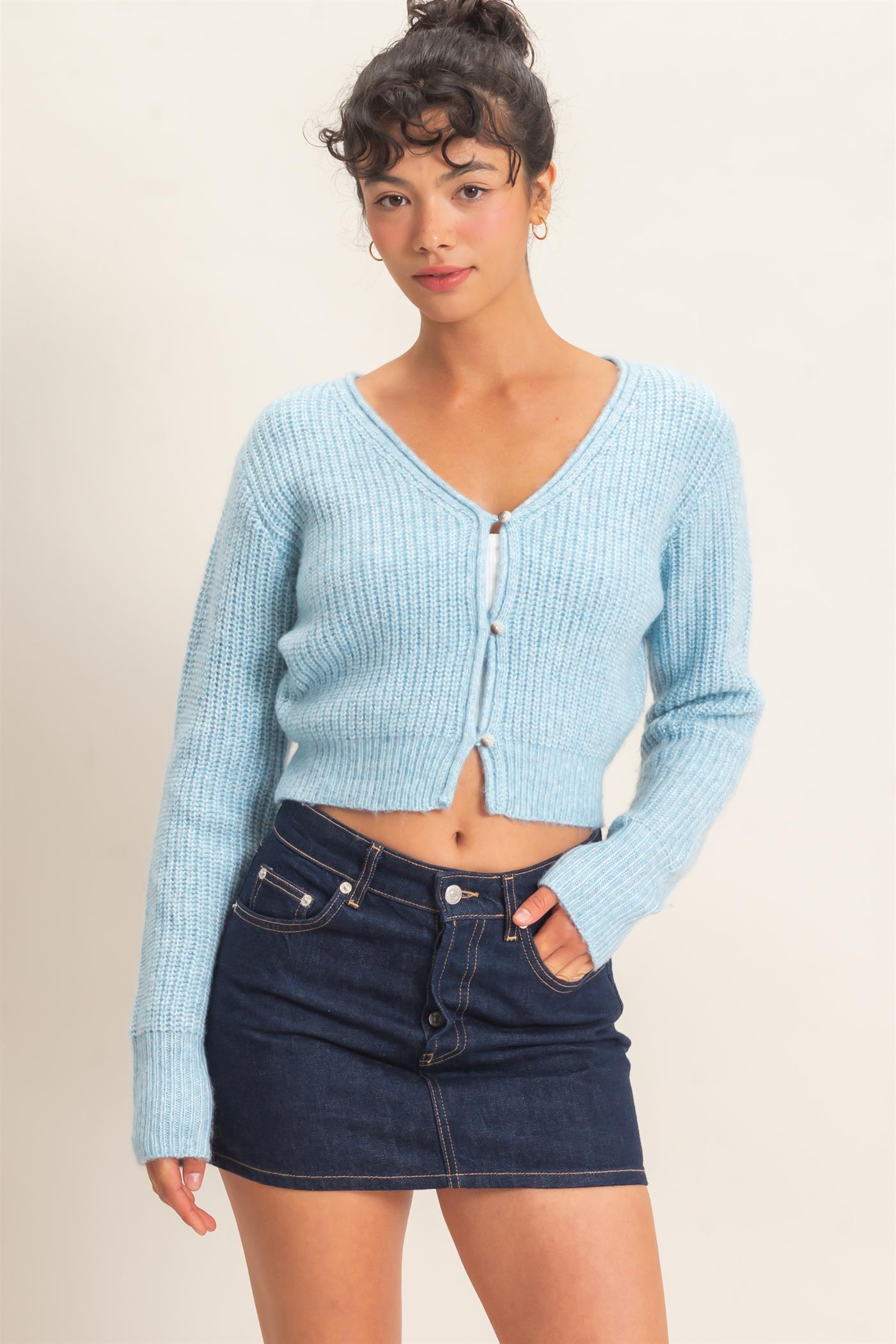 Wholesale V-Neck Ribbed Cardigan Cardigans DZ26E106 BLUE DOUBLE ZERO