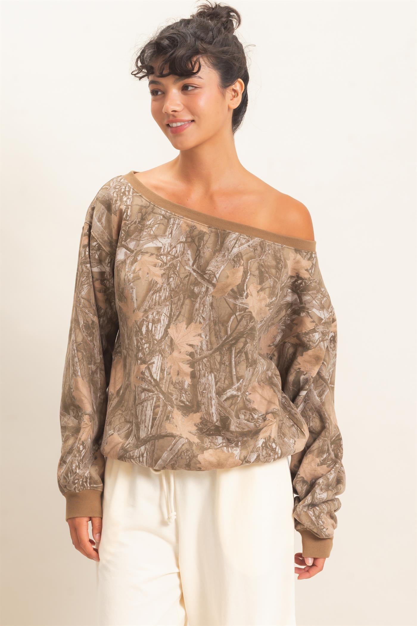 Wholesale Tree Camouflage Print Off The Shoulder Sweatshirt Sweatshirts DZ26F310 BROWN DOUBLE ZERO