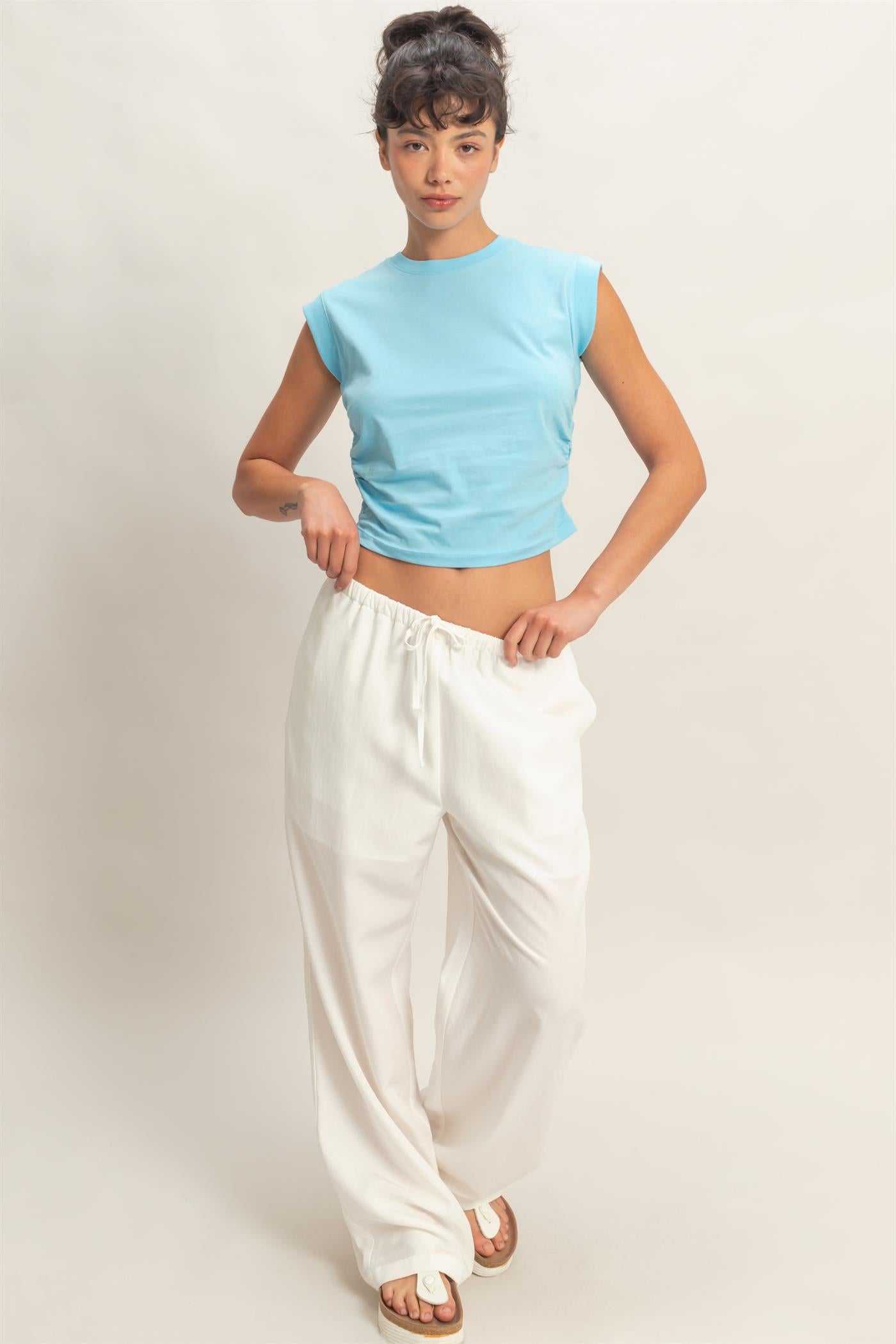 Wholesale Ruched Waist Sleeveless Cotton Top Clothing Tops DZ26C520 BLUE DOUBLE ZERO