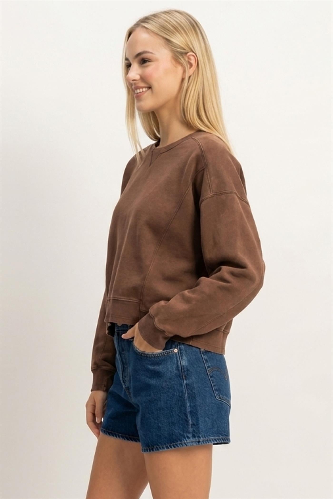 Wholesale Acid Wash Seam Detail Crew Neck Sweatshirt Sweatshirts DZ26E260 DARK BROWN DOUBLE ZERO
