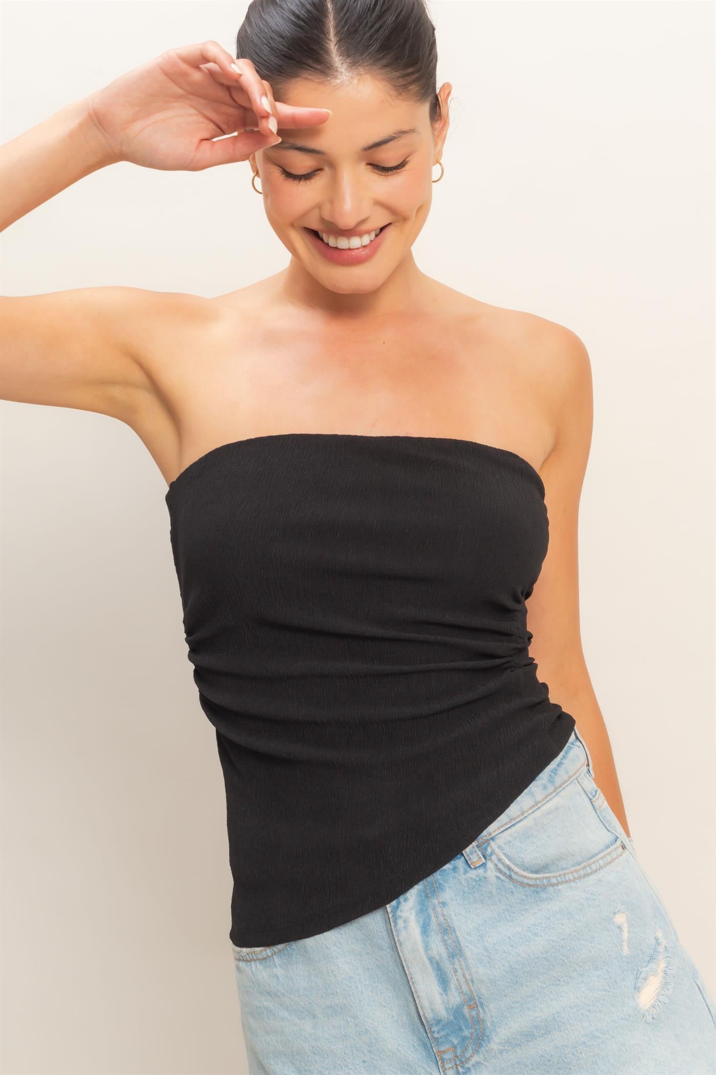 Wholesale Asymmetrical Tube Top Clothing Tops HF26C180 BLACK HYFVE